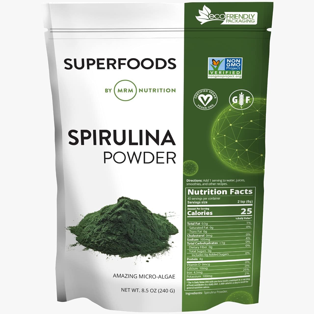 MRM Spirulina Powder: Superfood Plant Protein, Gluten-Free, Vegan | 40 Servings, 8.5 oz.