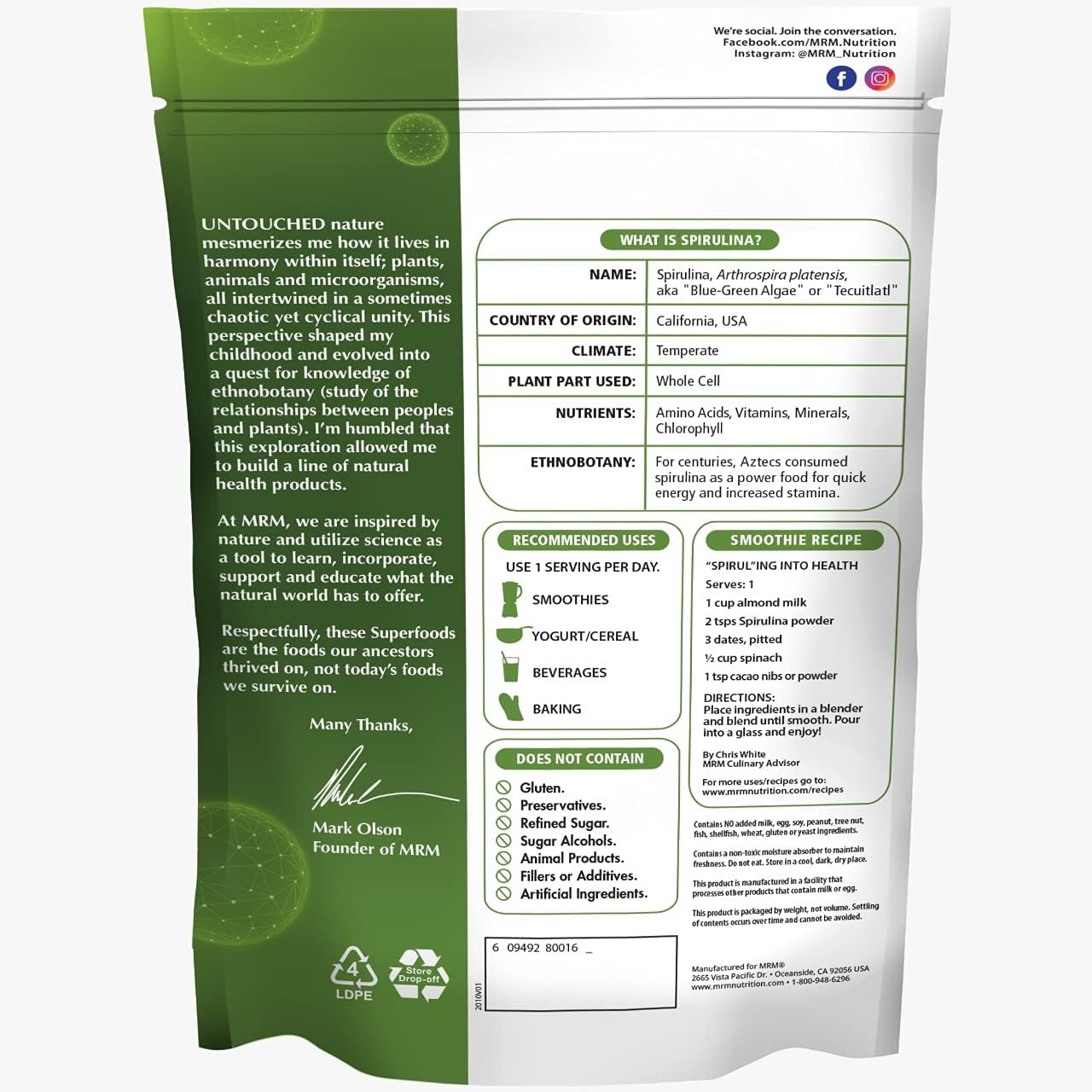 MRM Spirulina Powder: Superfood Plant Protein, Gluten-Free, Vegan | 40 Servings, 8.5 oz.