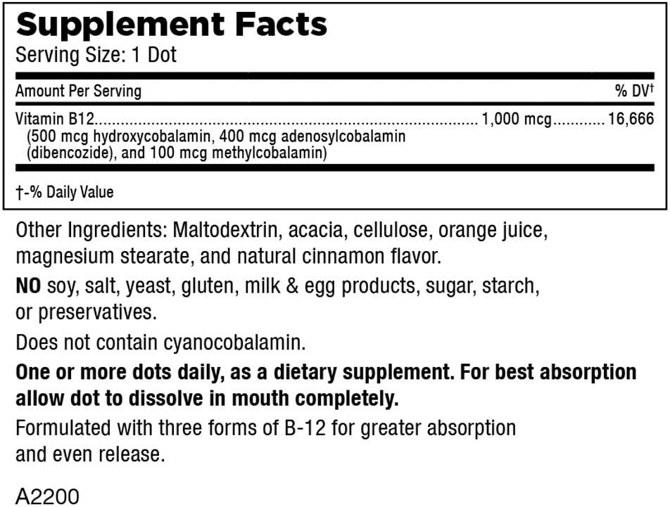 Mt. Angel Vitamins Triple B-12 Dots - Promotes Nervous System Health and Energy Production - 90 Dots