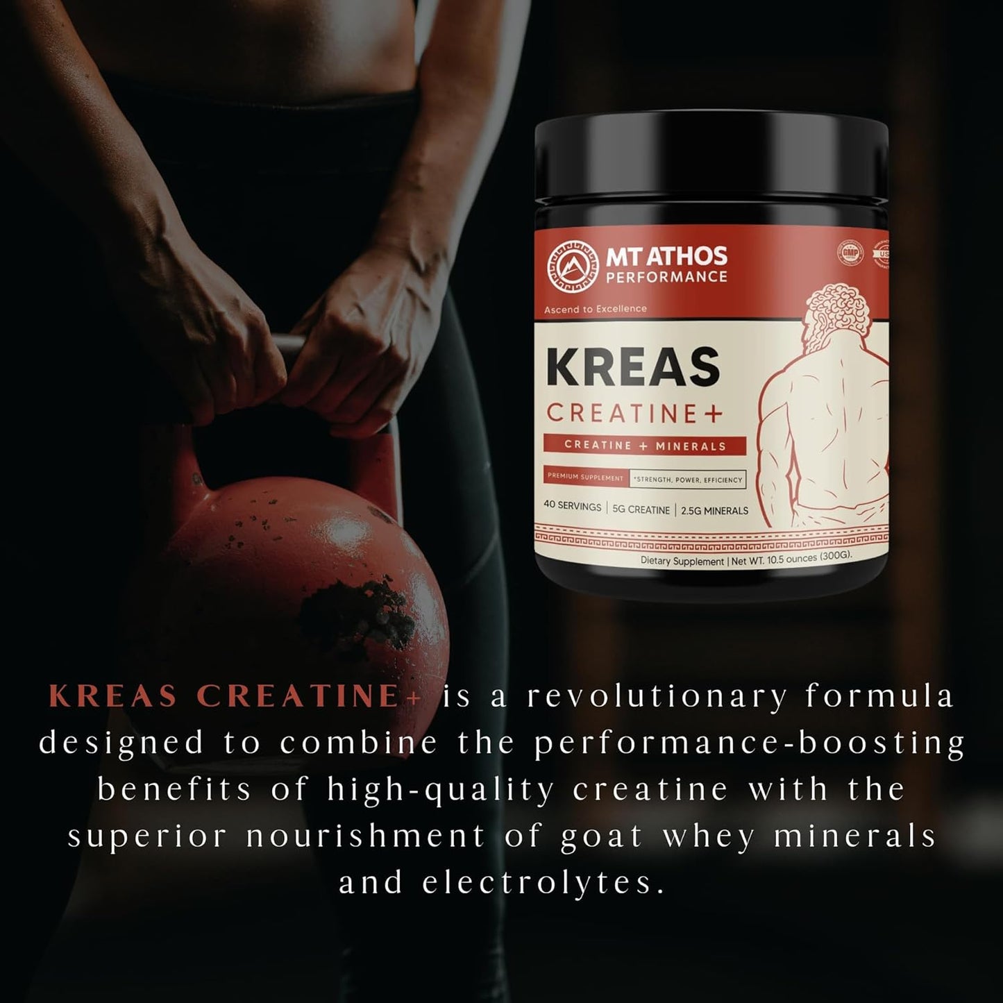 Mt. Athos Performance Kreas Creatine+ | Advanced Creatine and Mineral Formula | 5g Creatine, 2.5g Minerals per Serving | 40 Servings, 10.5 oz