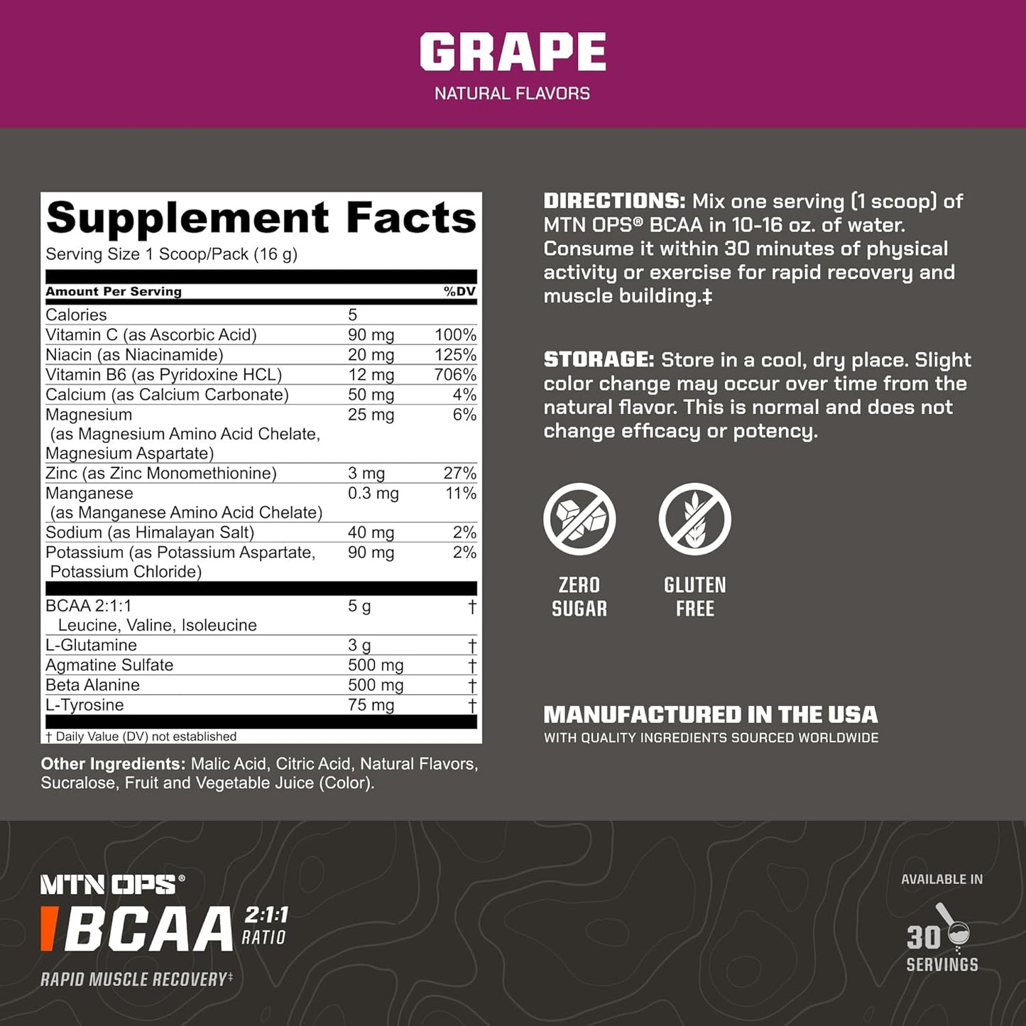 MTN OPS BCAA 2:1:1 Amino Acids Supplement Powder - Grape Flavor, 30 Servings, Zero Sugar & Gluten Free for Fast Muscle Recovery