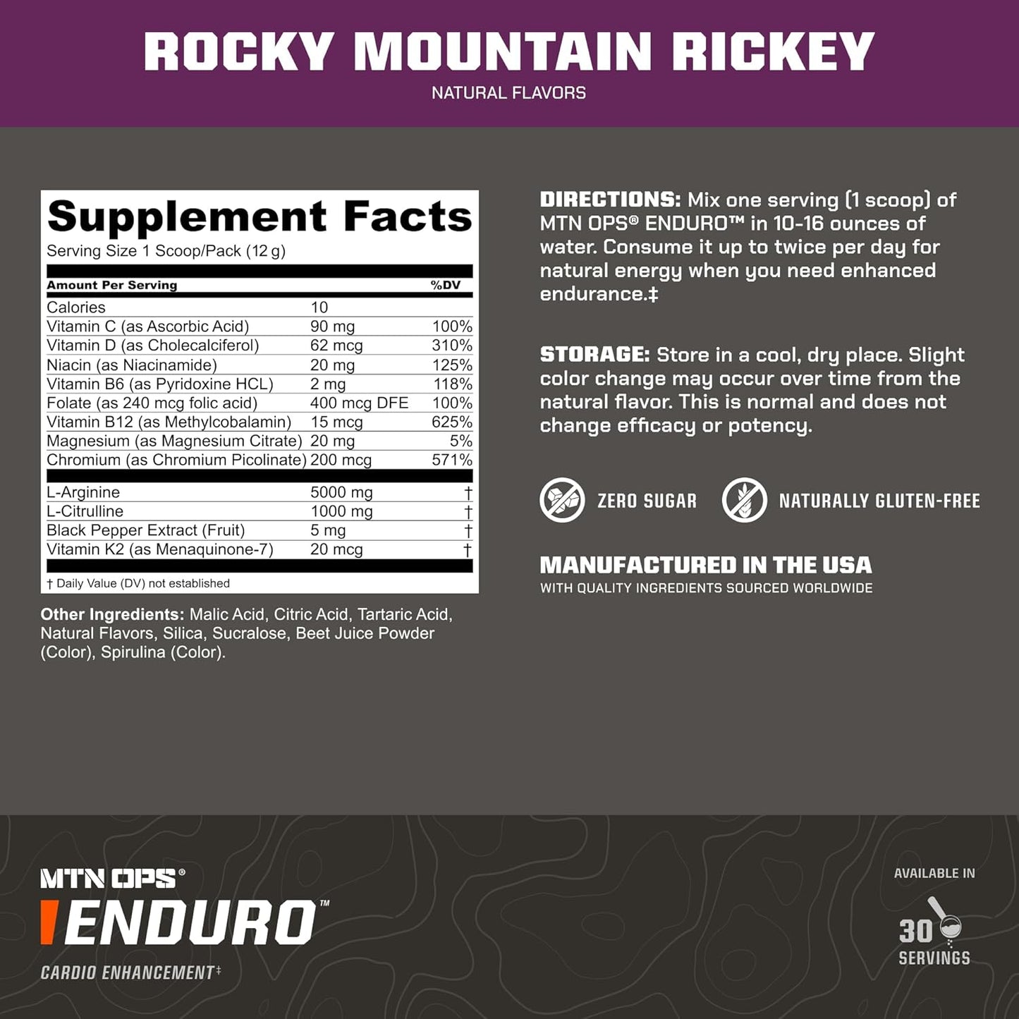 MTN OPS Enduro Nitric Oxide Pre Workout Supplement - Caffeine Free, Magnesium Citrate, L Arginine, L Citrulline, 30 Servings