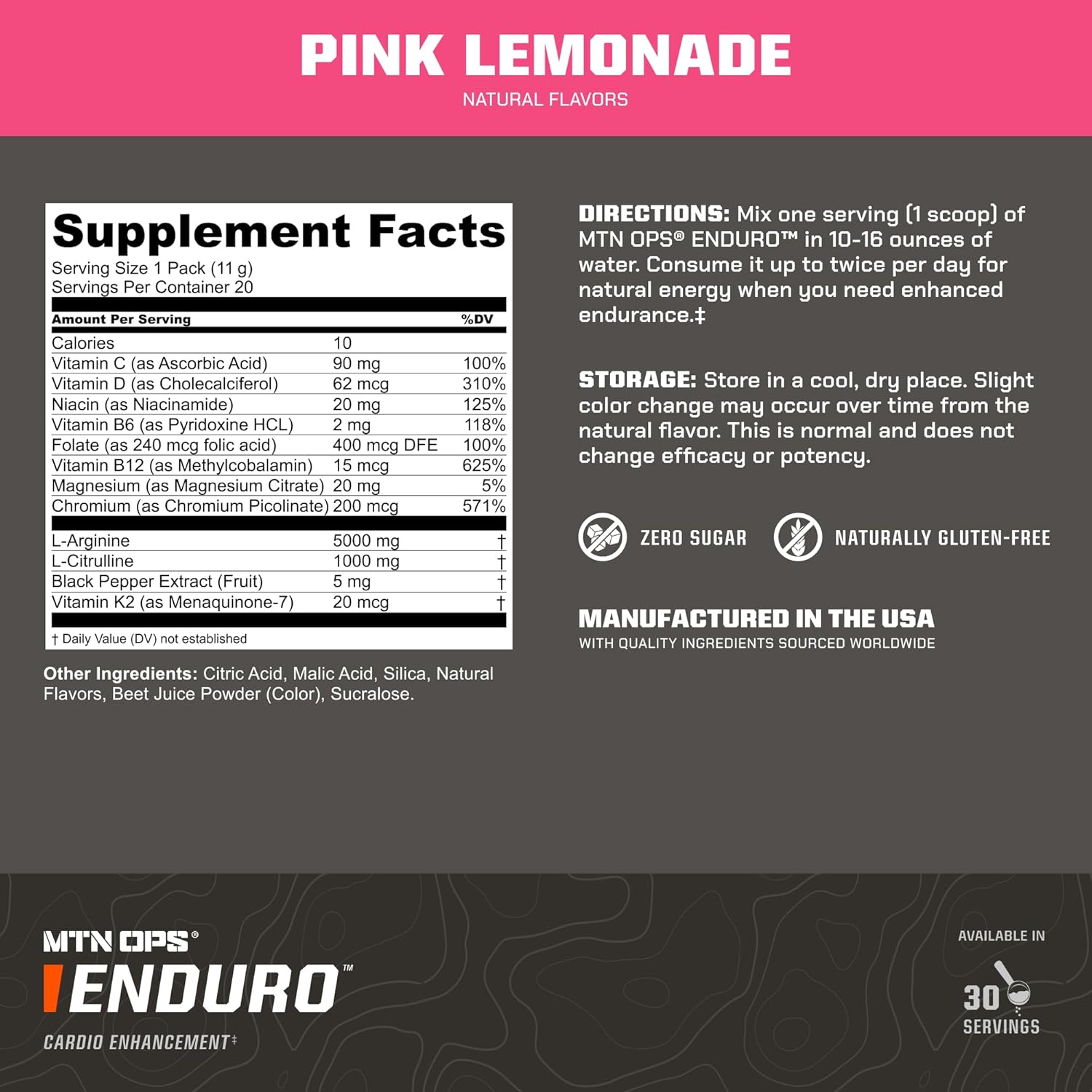 MTN OPS Enduro Nitric Oxide Supplement & Stim-Free Pre Workout - Pink Lemonade Flavor - 30 Servings - Magnesium Citrate, Beet Root Powder, Niacinamide