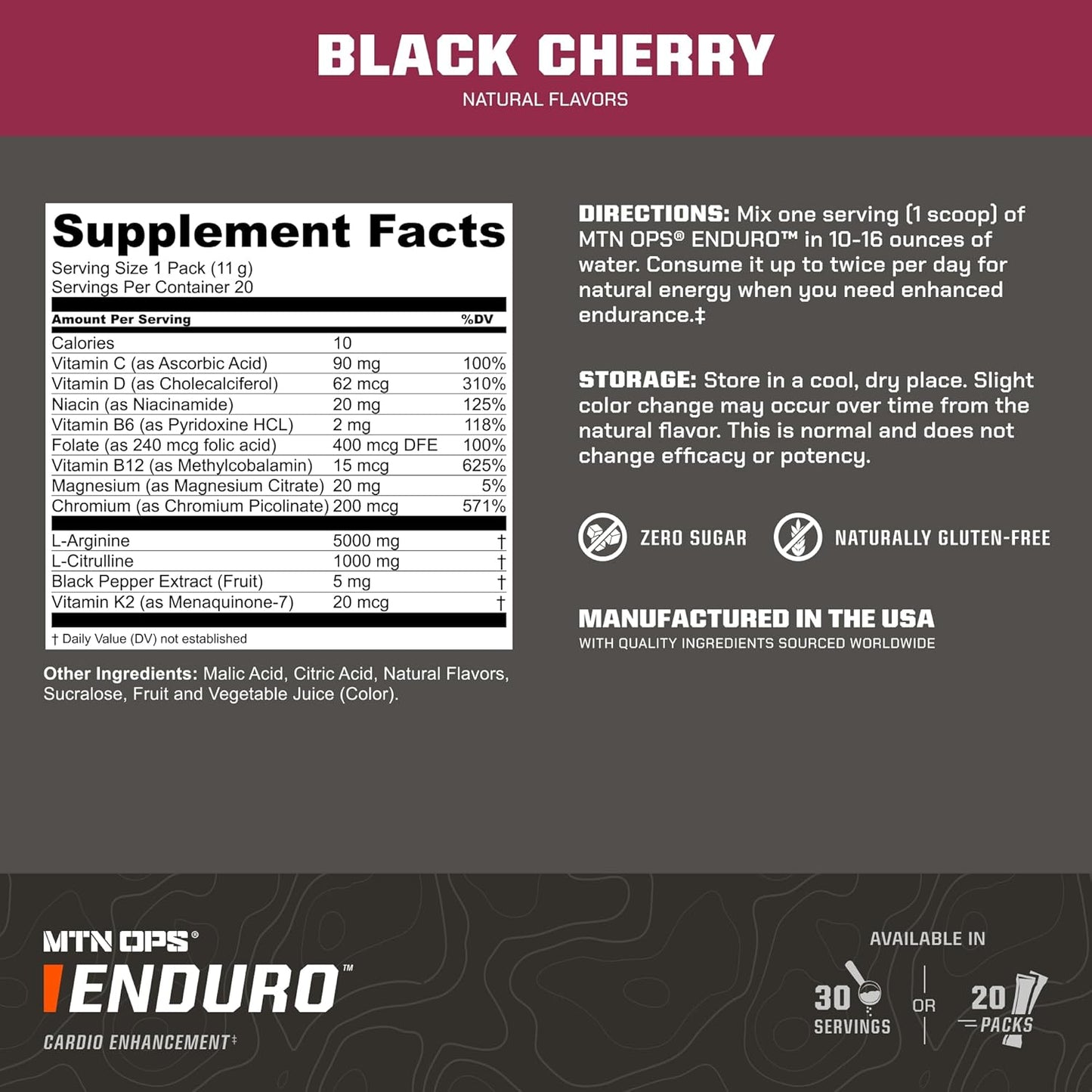 MTN OPS Enduro Trail Packs - Nitric Oxide & Stim-Free Pre Workout - 20 Servings - Magnesium Citrate, Beet Root Powder, Niacinamide - Black Cherry