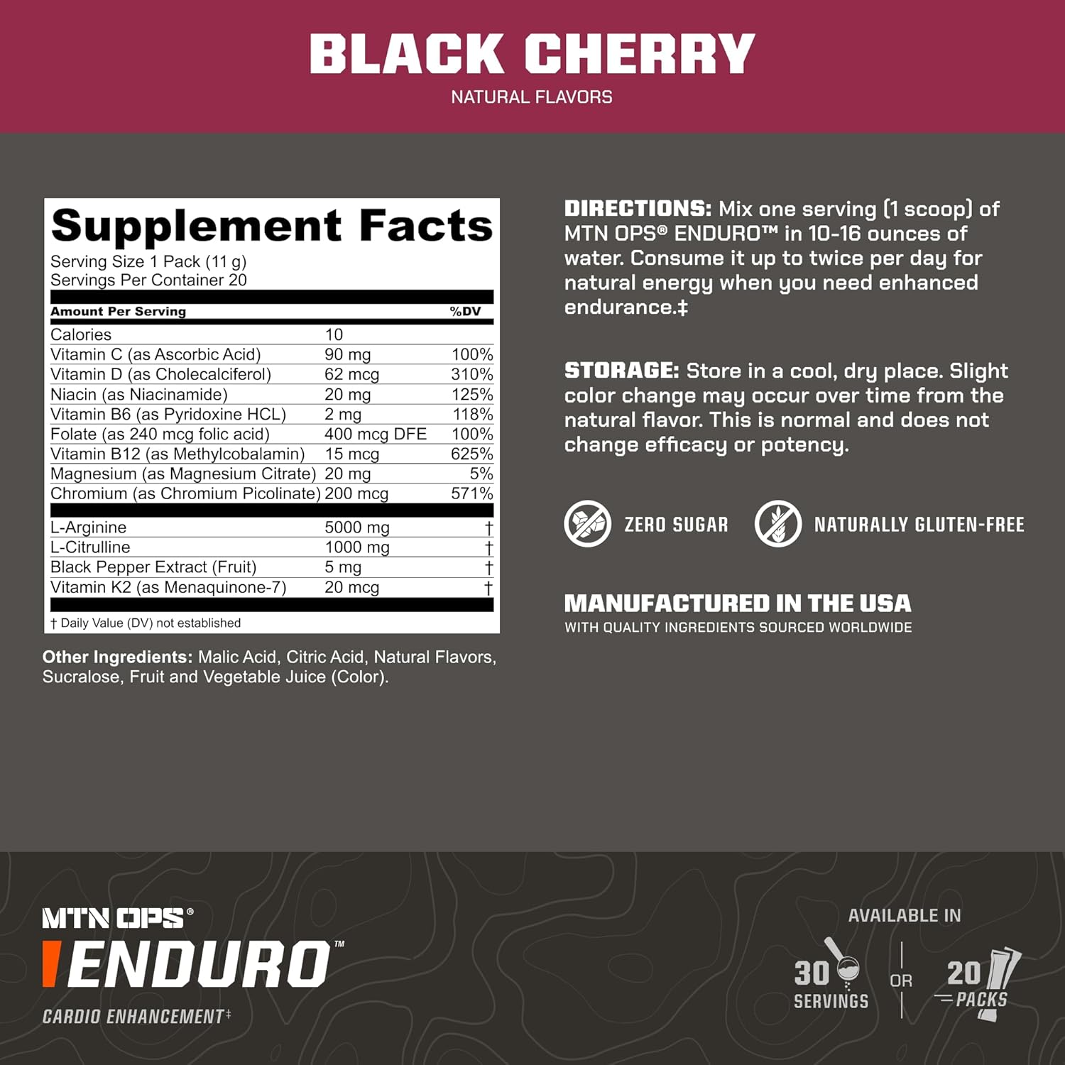 MTN OPS Enduro Trail Packs - Nitric Oxide & Stim-Free Pre Workout - 20 Servings - Magnesium Citrate, Beet Root Powder, Niacinamide - Black Cherry