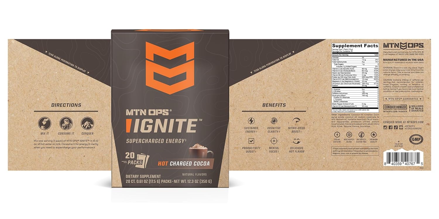 MTN OPS Hot Ignite Charged Cocoa Energy Drink Mix Boosts Focus - 20 Trail Packs