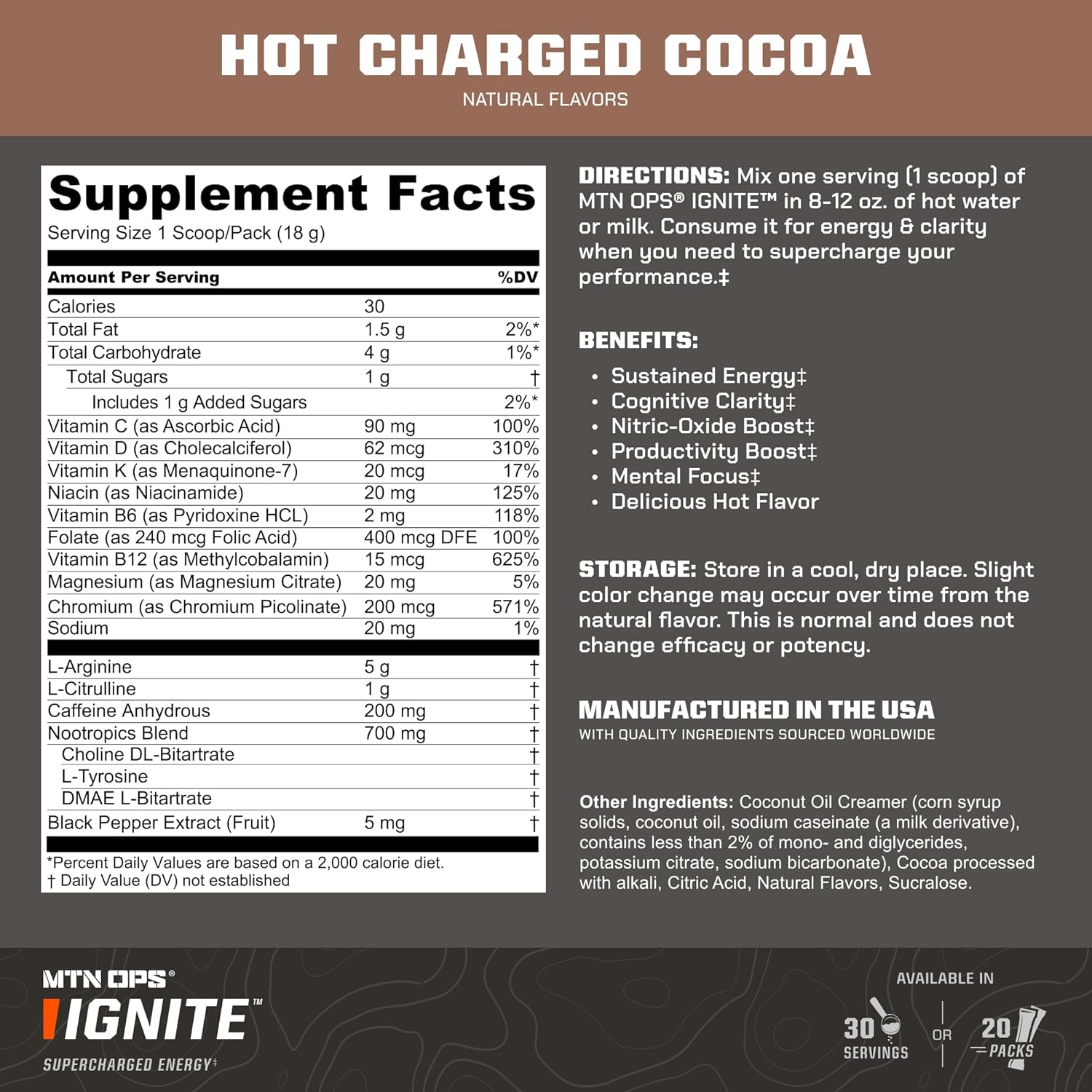 MTN OPS Hot Ignite Charged Cocoa Energy Drink Mix Boosts Focus - 20 Trail Packs
