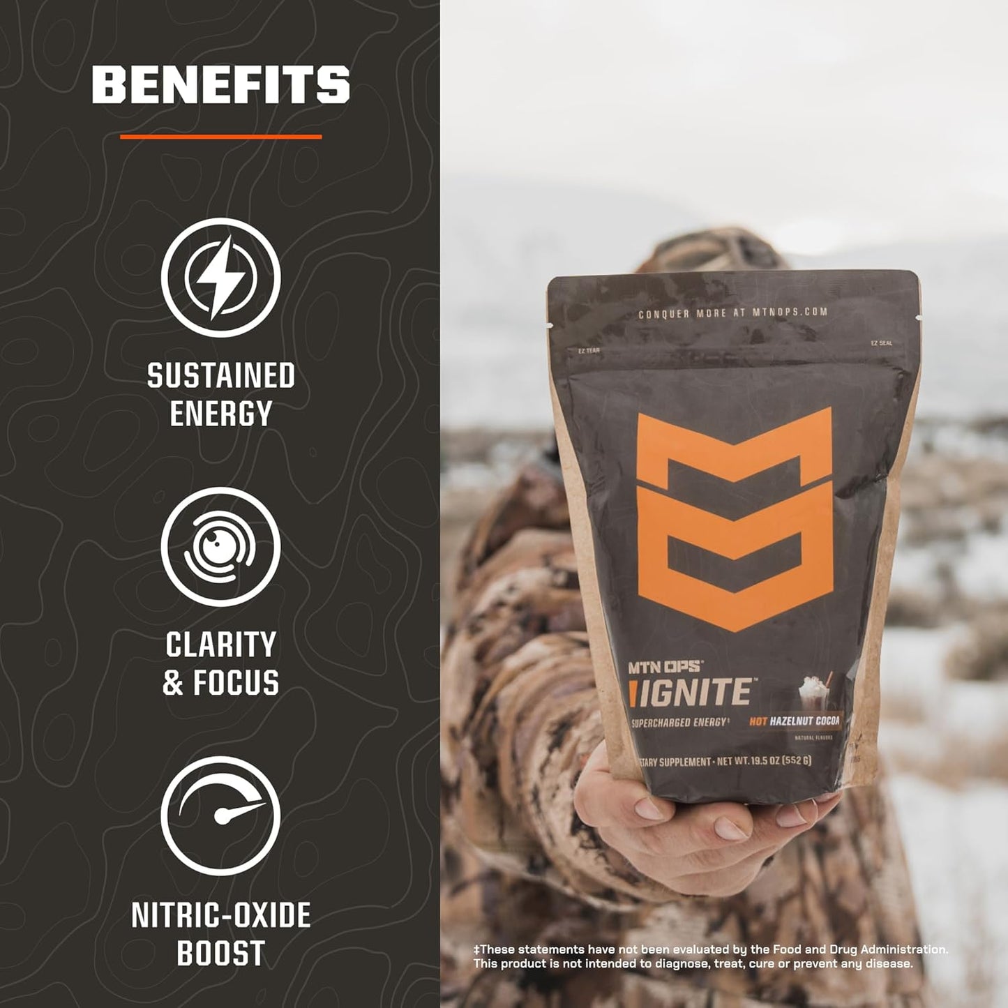 MTN OPS Hot Ignite Charged Cocoa Energy Drink Mix Boosts Focus - 20 Trail Packs