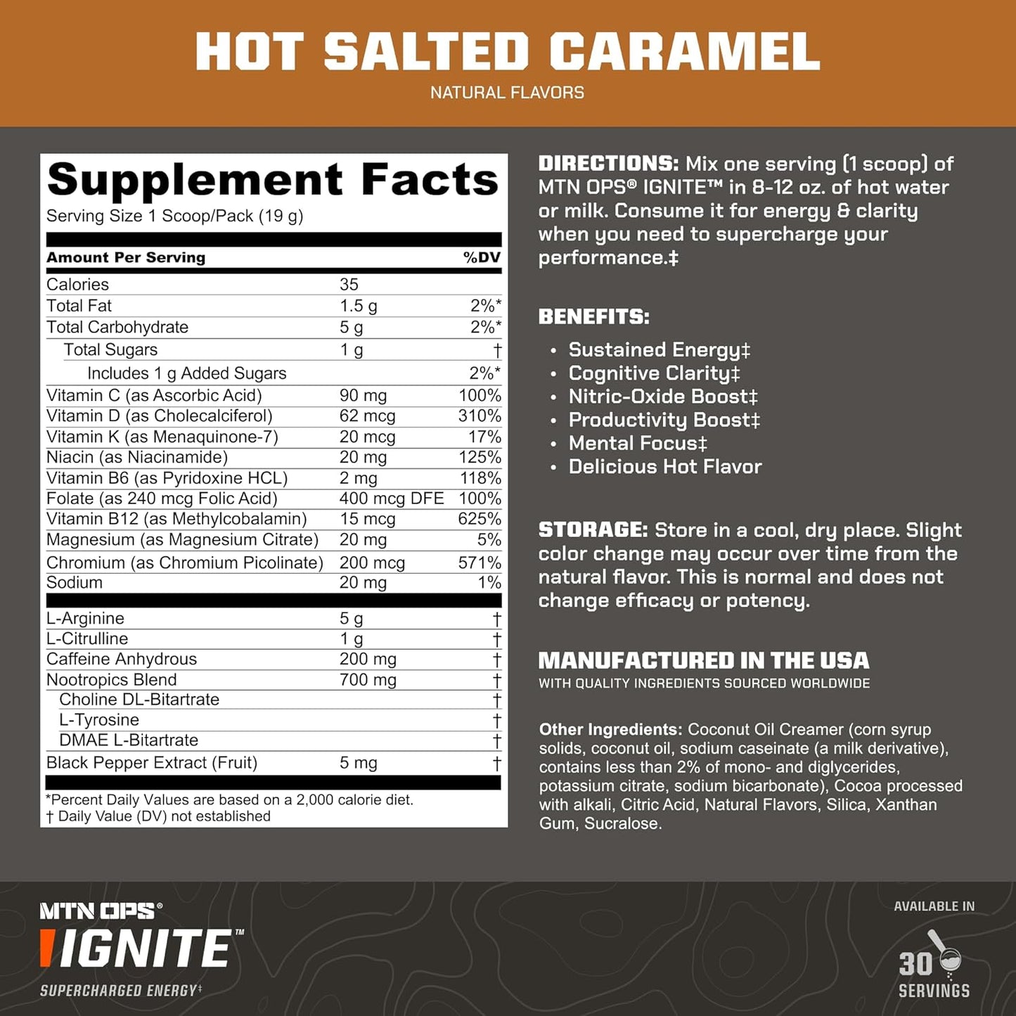 MTN OPS Hot Ignite Salted Caramel Energy Drink Mix - Coffee Alternative, 30 Servings