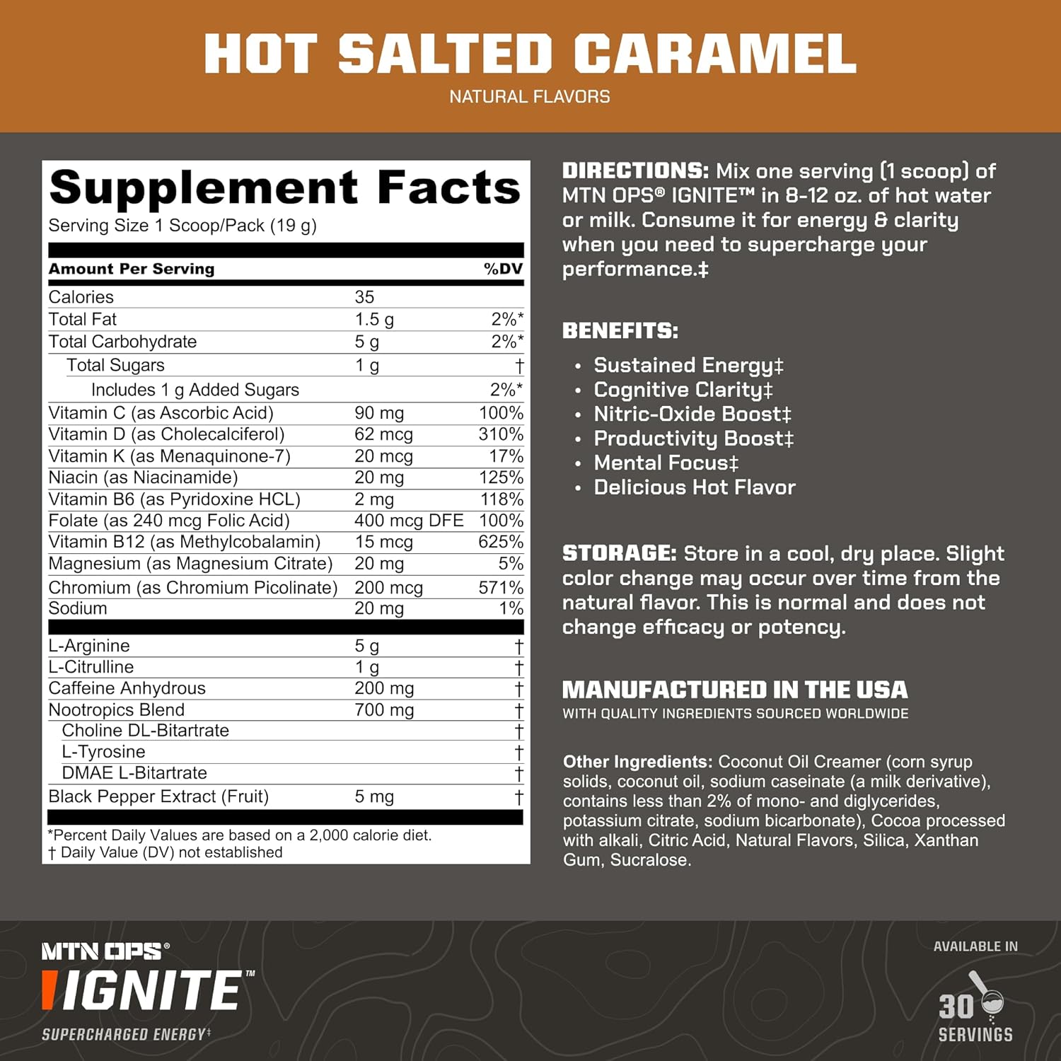 MTN OPS Hot Ignite Salted Caramel Energy Drink Mix - Coffee Alternative, 30 Servings