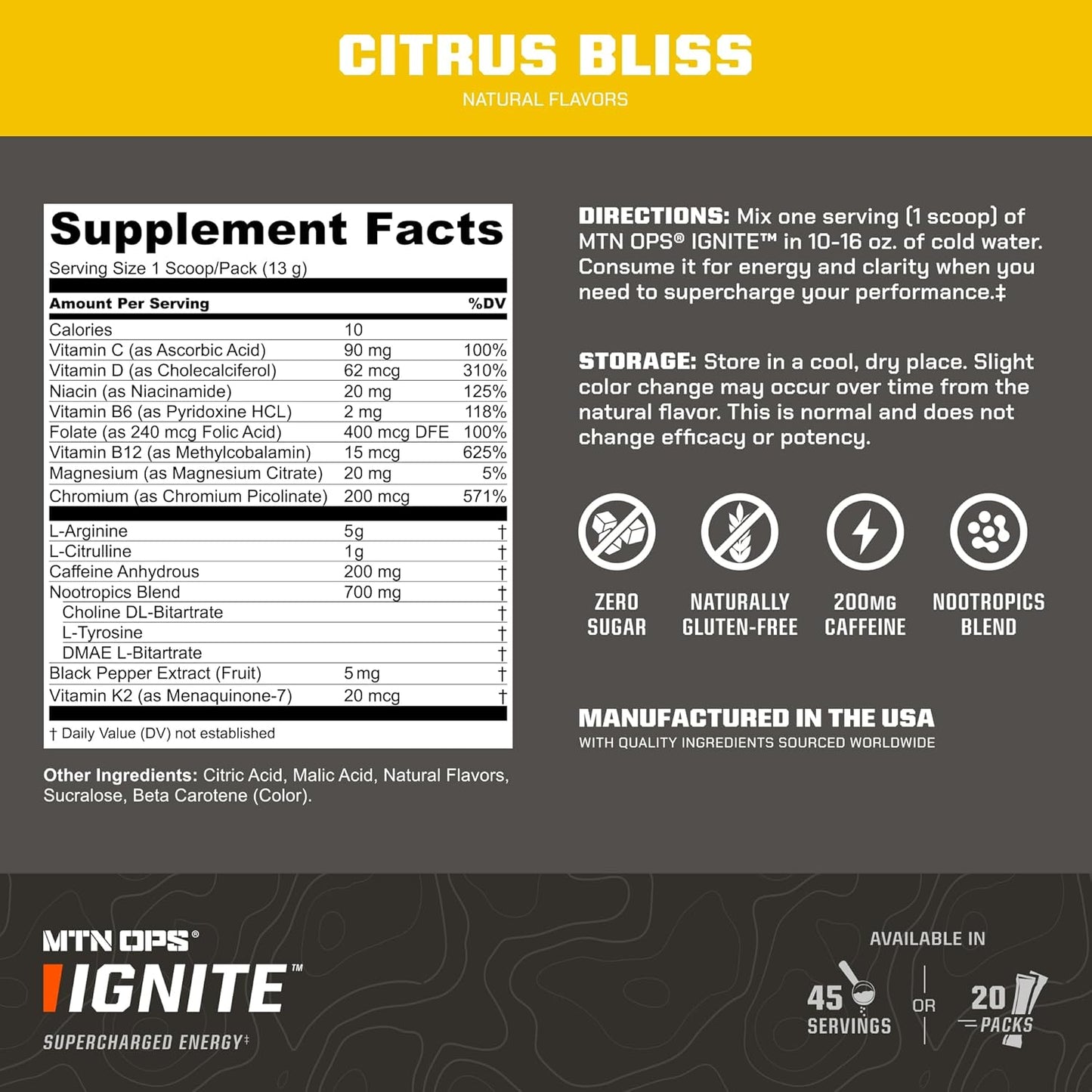 MTN OPS Ignite Trails Citrus Bliss Energy Drink Powder - Gluten Free Nitric Oxide Supplement with L Arginine, L Citrulline, Caffeine & Nootropic - 20 Servings