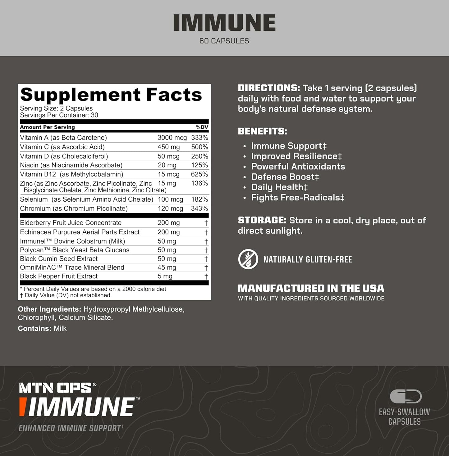 MTN OPS Immune Support Capsules with Vitamin D, Vitamin C, Zinc, Elderberry, Echinacea - 60 Capsules