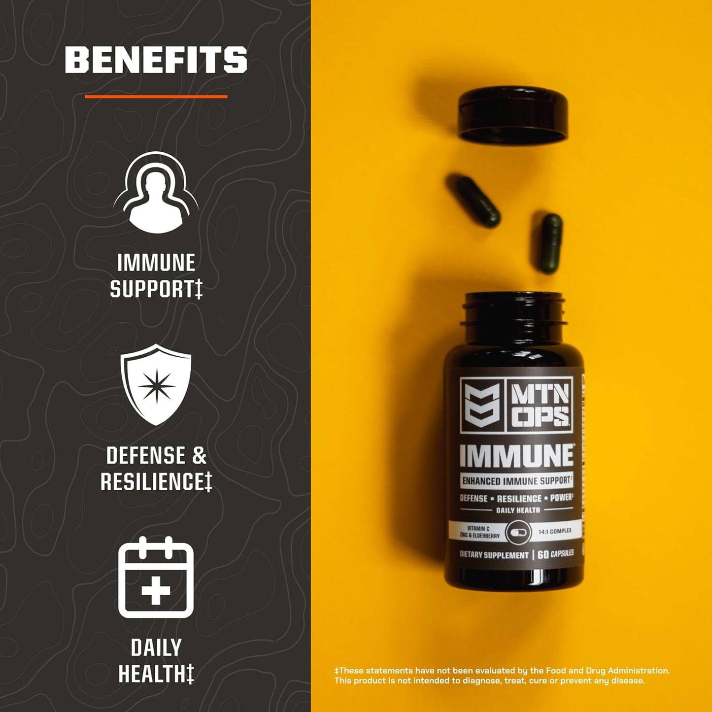 MTN OPS Immune Support Capsules with Vitamin D, Vitamin C, Zinc, Elderberry, Echinacea - 60 Capsules
