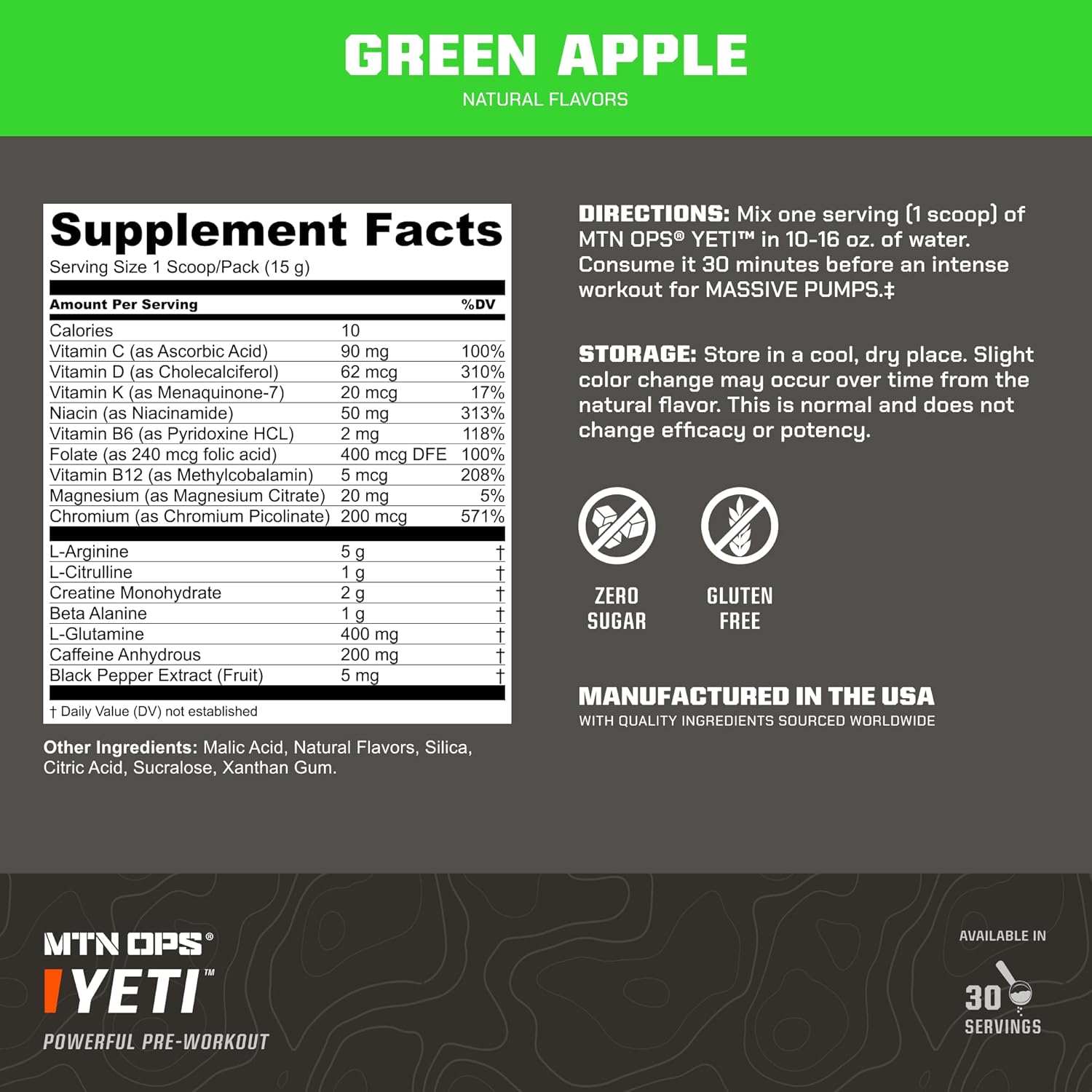 MTN OPS Yeti Green Apple Pre-Workout Powder with Creatine, BCAAs, Beta Alanine - 30 Servings