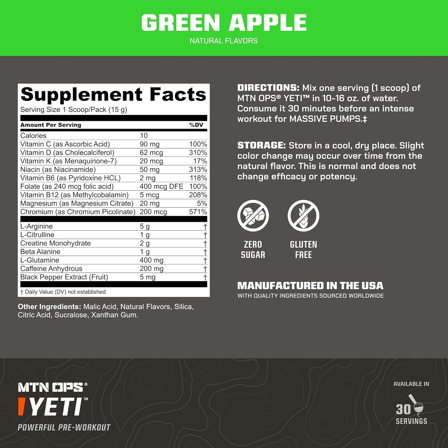 MTN OPS Yeti Green Apple Pre-Workout Powder with Creatine, BCAAs, Beta Alanine - 30 Servings