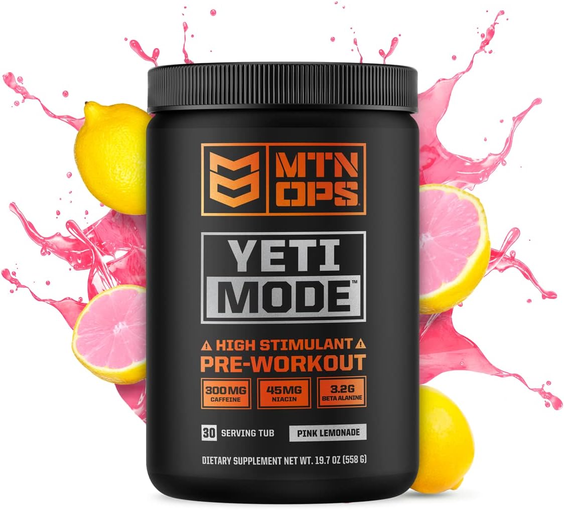 MTN OPS Yeti Mode Pre-Workout Powder - High-Stimulant Blend with 300mg Caffeine - Pink Lemonade Flavor, 30 Servings