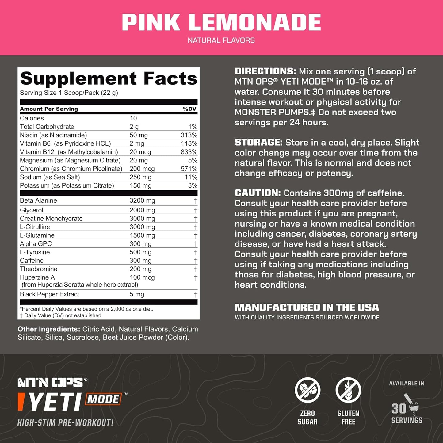 MTN OPS Yeti Mode Pre-Workout Powder - High-Stimulant Blend with 300mg Caffeine - Pink Lemonade Flavor, 30 Servings