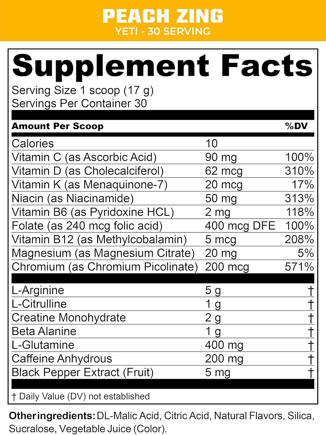 MTN OPS Yeti Monster Peach Zing Pre-Workout Powder Energy Drink - 30 Servings