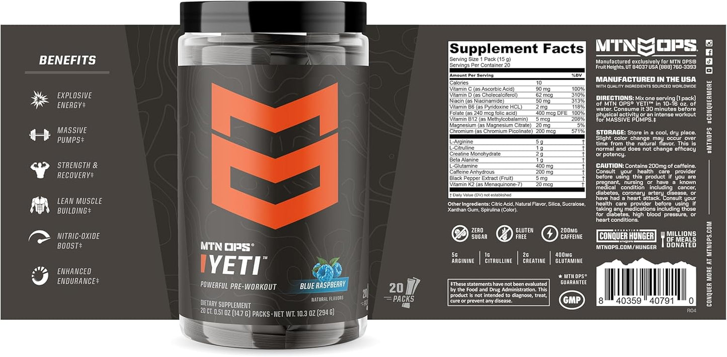 MTN OPS Yeti Trail Packs Blue Raspberry Pre-Workout Powder - 20 Servings