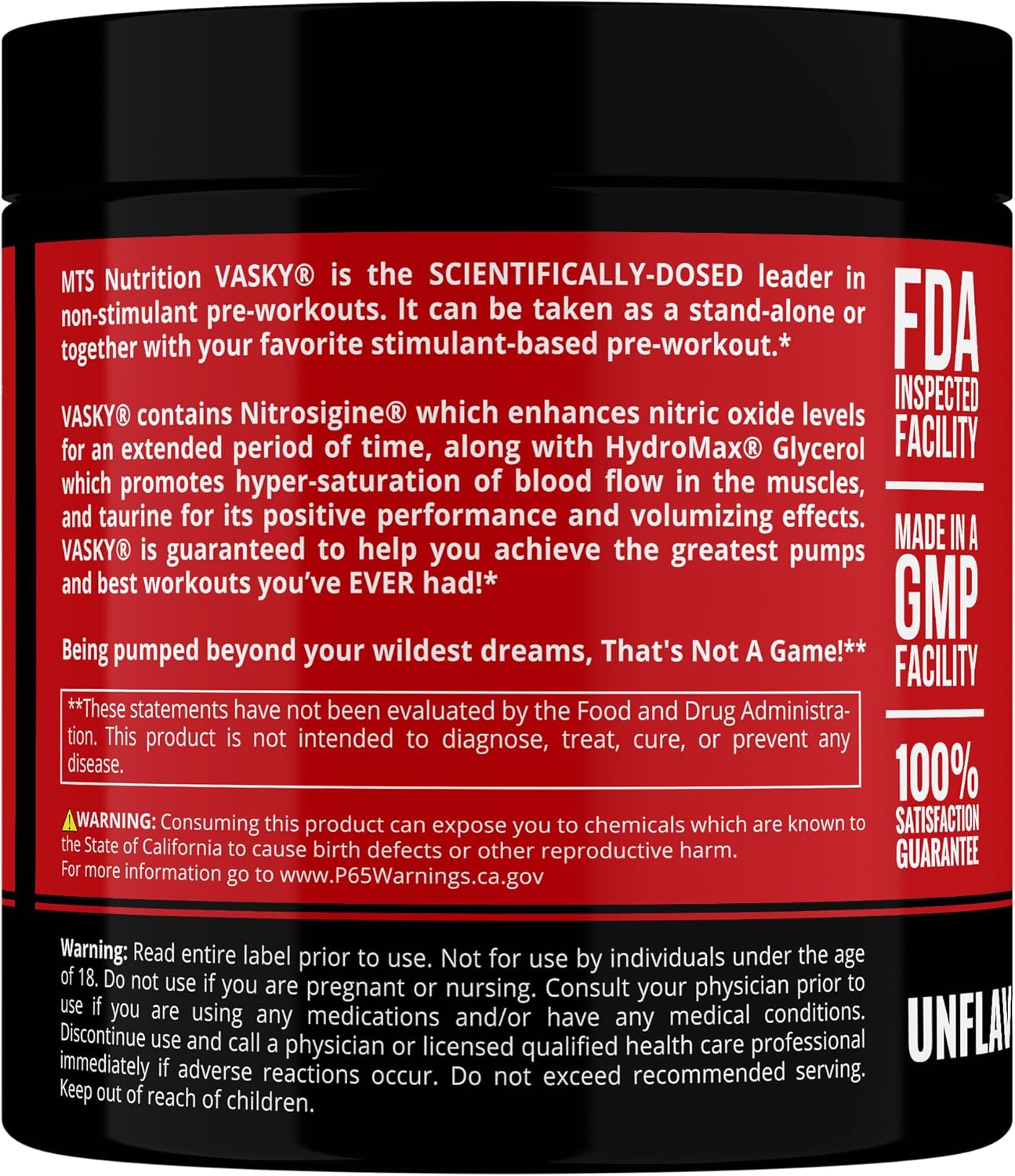 MTS Nutrition Vasky Non-Stimulant Pump Inducer - Muscle Saturating Preworkout - 30 Servings Unflavored