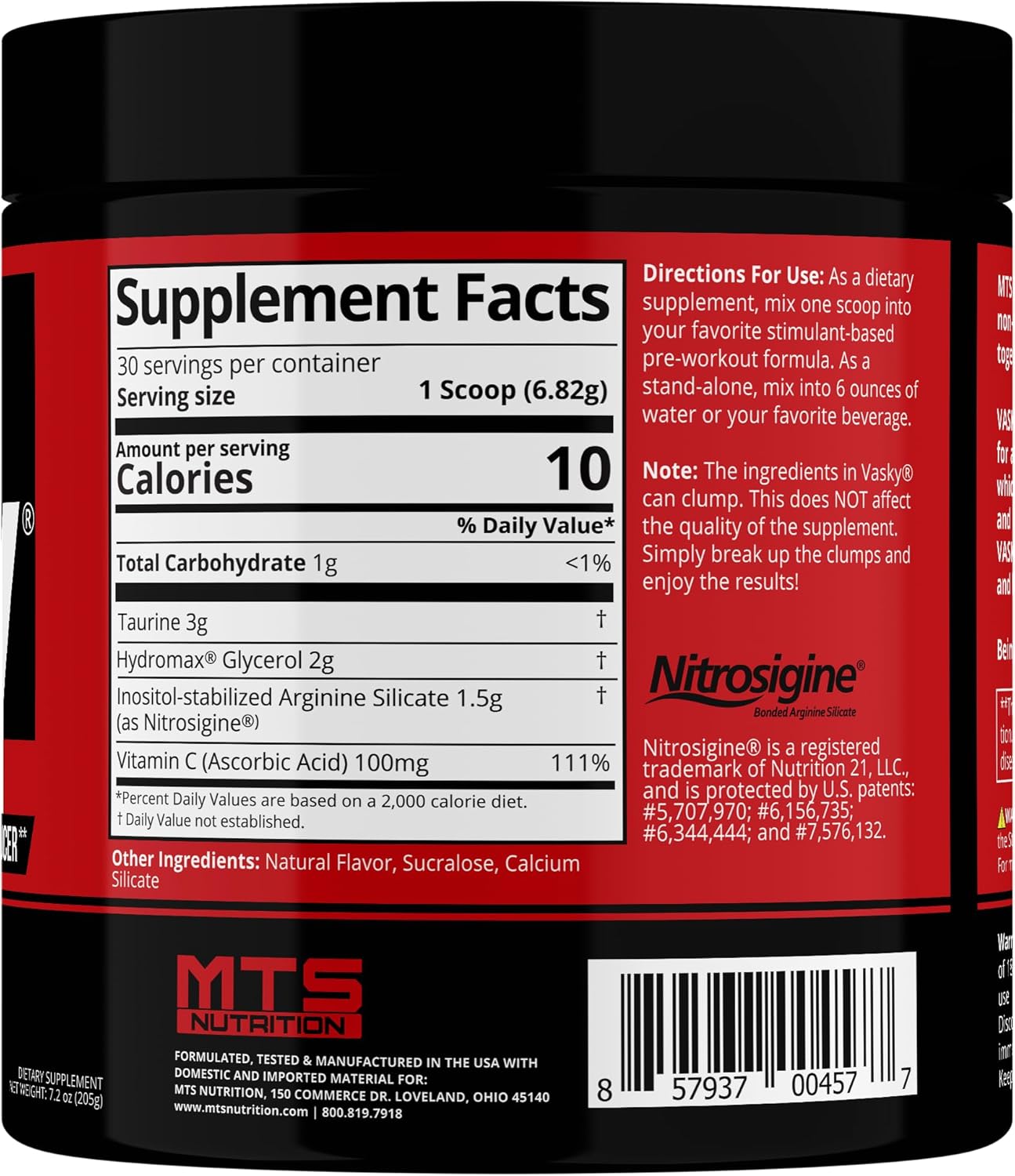 MTS Nutrition Vasky Non-Stimulant Pump Inducer - Muscle Saturating Preworkout - 30 Servings Unflavored