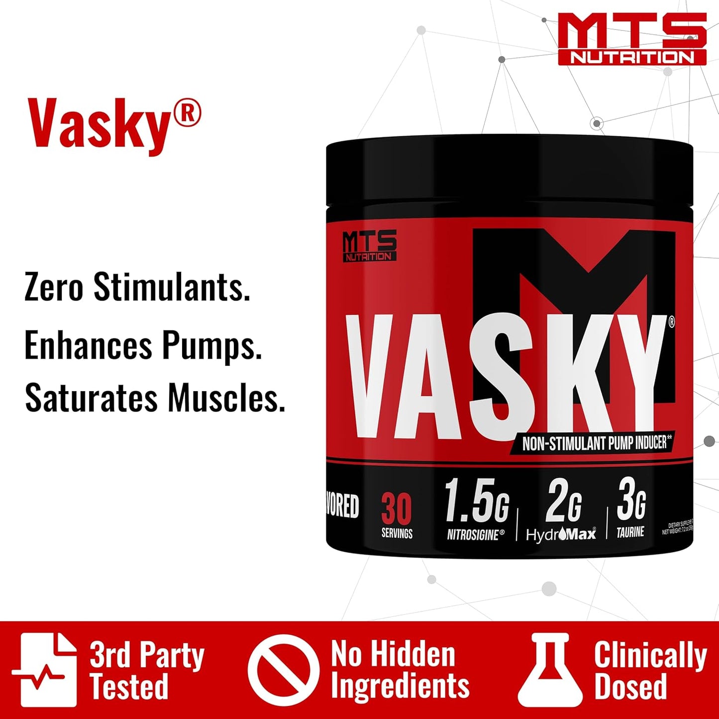 MTS Nutrition Vasky Non-Stimulant Pump Inducer - Muscle Saturating Preworkout - 30 Servings Unflavored