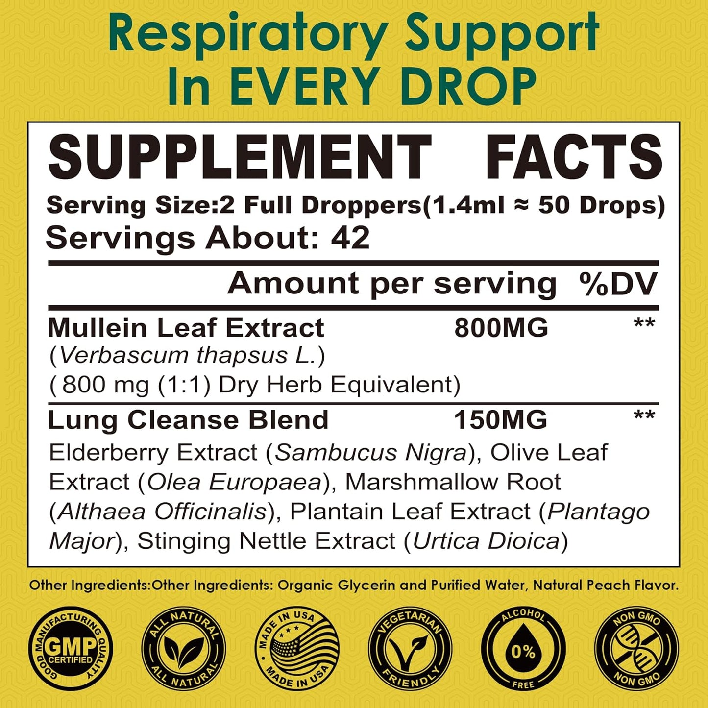 Mullein Drops for Lung 800mg - Natural Lung Cleanse Formula with Marshmallow, Elderberry, Olive Leaf - Alcohol-Free Tincture, 2 fl oz