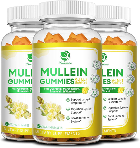 Mullein Gummies (3 Pack) - 9-in-1 Lung Cleanse Supplement with Elderberry & Marshmallow - 180 Vegan Gummies for Respiratory & Immune Support