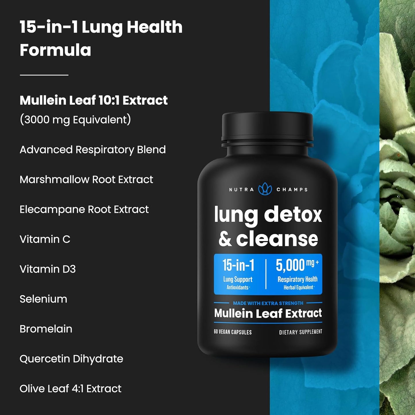 Mullein Leaf Lung Health Supplement, 15-in-1 Formula for Respiratory Support, Vegan Capsules, 3000mg Equivalent Extract