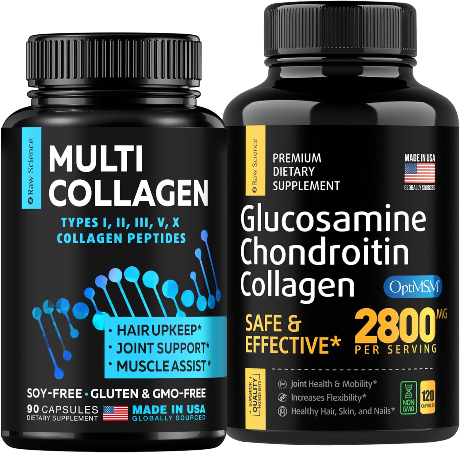 Multi Collagen and Glucosamine Capsules for Bone, Joint, Hair & Nails Support - 90 Collagen Capsules, 120 Glucosamine Capsules
