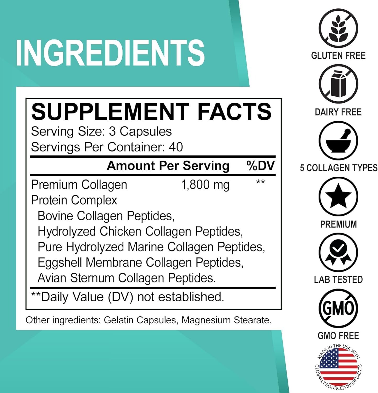 Multi Collagen Peptides Capsules for Skin, Hair & Nails - Type I, II, III, V, & X Complex for Women & Men - 120 Protein Pills