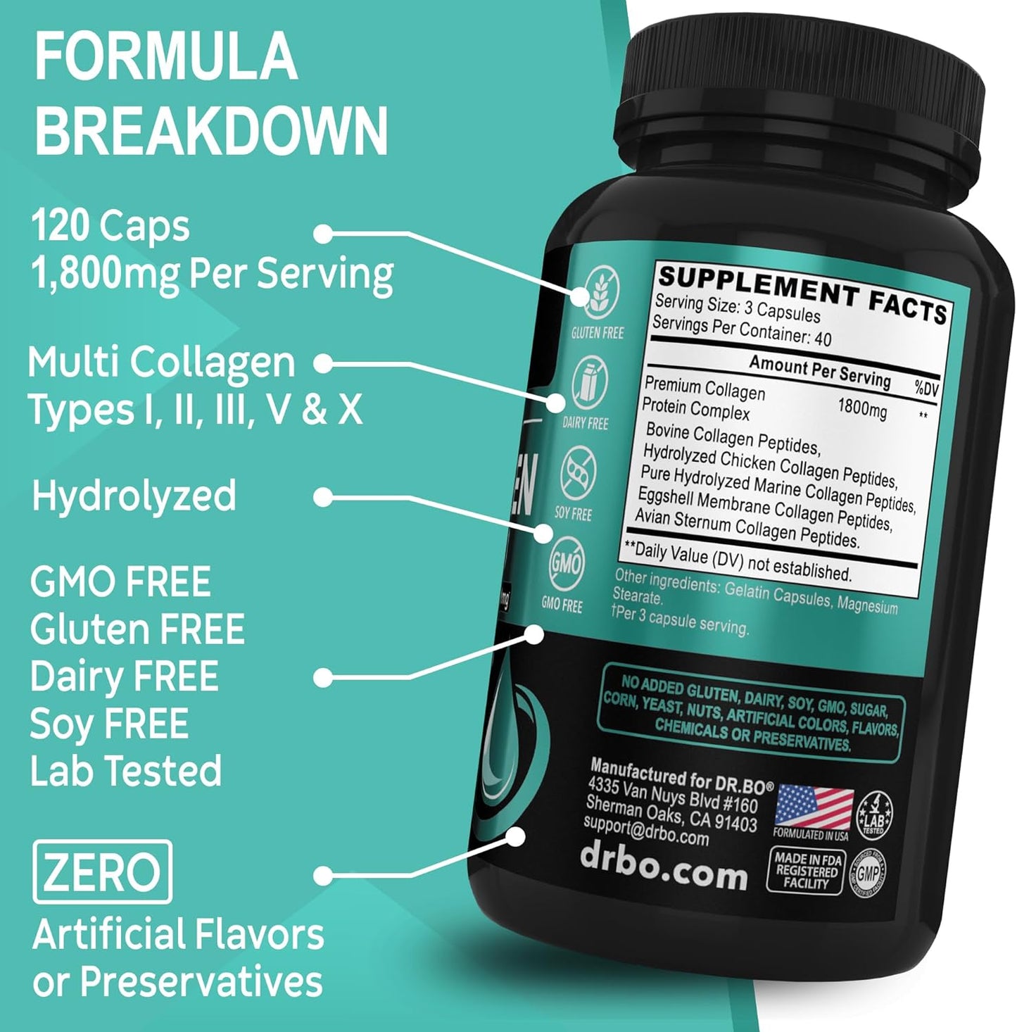 Multi Collagen Peptides Capsules for Skin, Hair & Nails - Type I, II, III, V, & X Complex for Women & Men - 120 Protein Pills