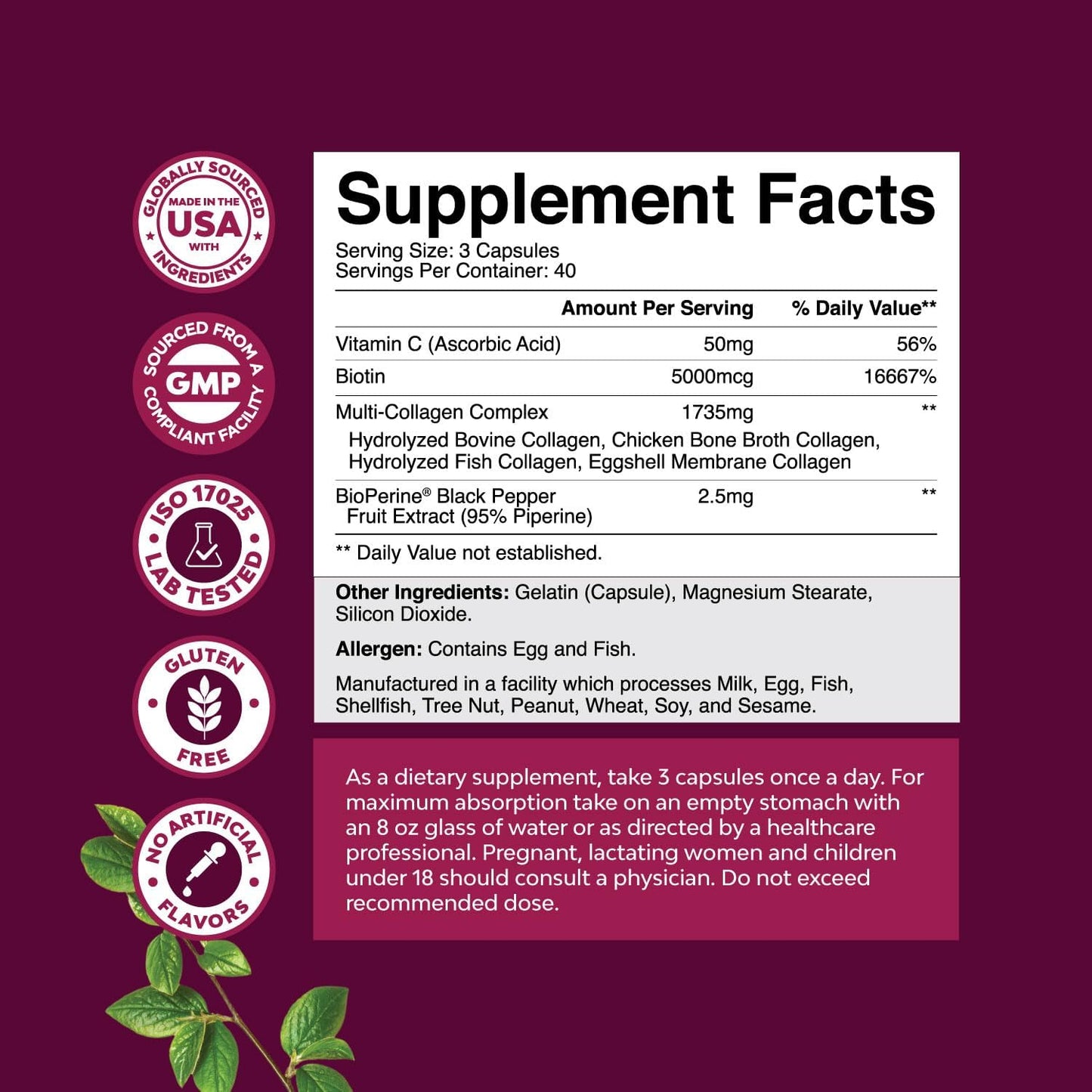 Multi Collagen Peptides Pills with Biotin & BioPerine - Hair Skin Nails Vitamins for Women & Men - 120ct Supplement with Types 1 2 3 5 & X