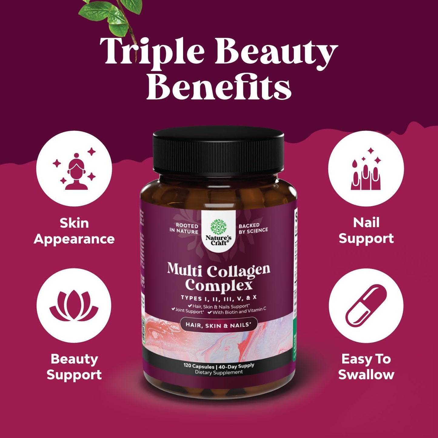 Multi Collagen Peptides Pills with Biotin & BioPerine - Hair Skin Nails Vitamins for Women & Men - 120ct Supplement with Types 1 2 3 5 & X