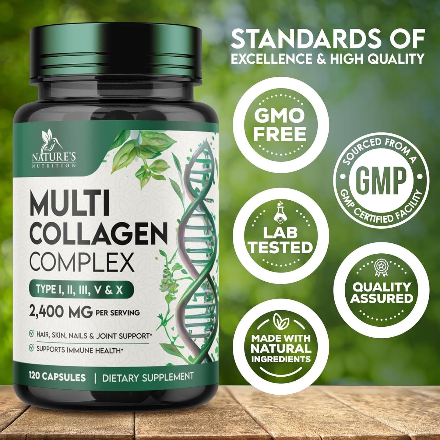Multi Collagen Peptides Supplement for Hair, Skin, Nails, Joints - 120 Capsules - Hydrolyzed Type I, II, III, V, X - Vital Nutrients for Men & Women