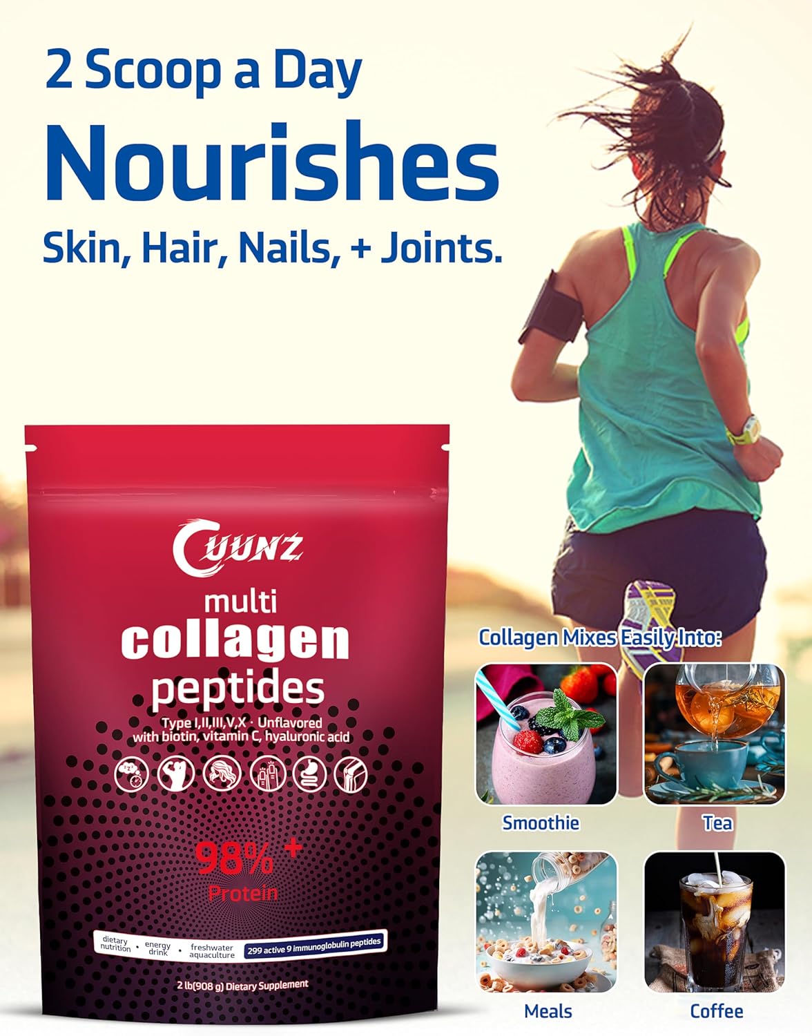 Multi Collagen Protein Powder with Biotin, Hyaluronic Acid, and Vitamin C - Unflavored Collagen Peptides Supplement - 2lb Jar