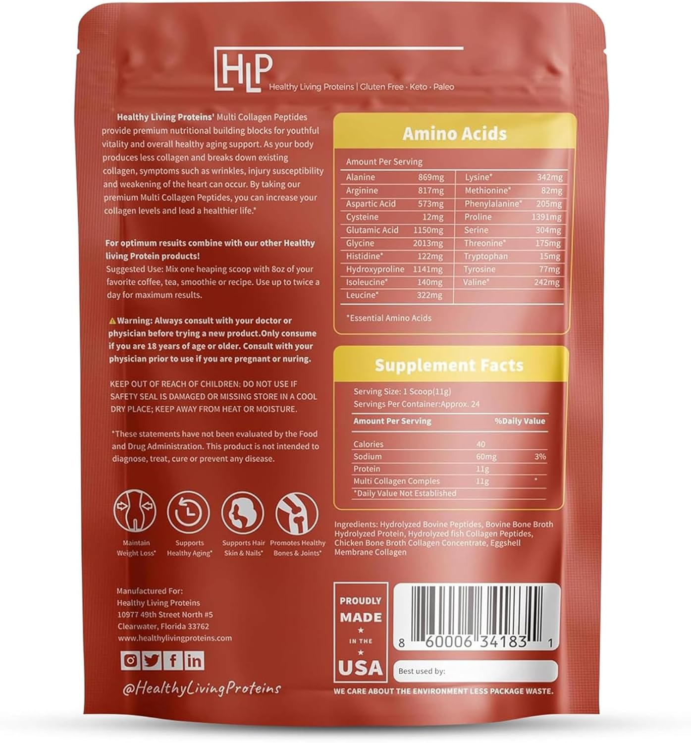 Multi Hydrolyzed Collagen Peptides Type I, II, III, V, & X | Grass Fed Bovine, Wild Caught Marine, Free Range Chicken | Gluten Free - 1 Pound Pack