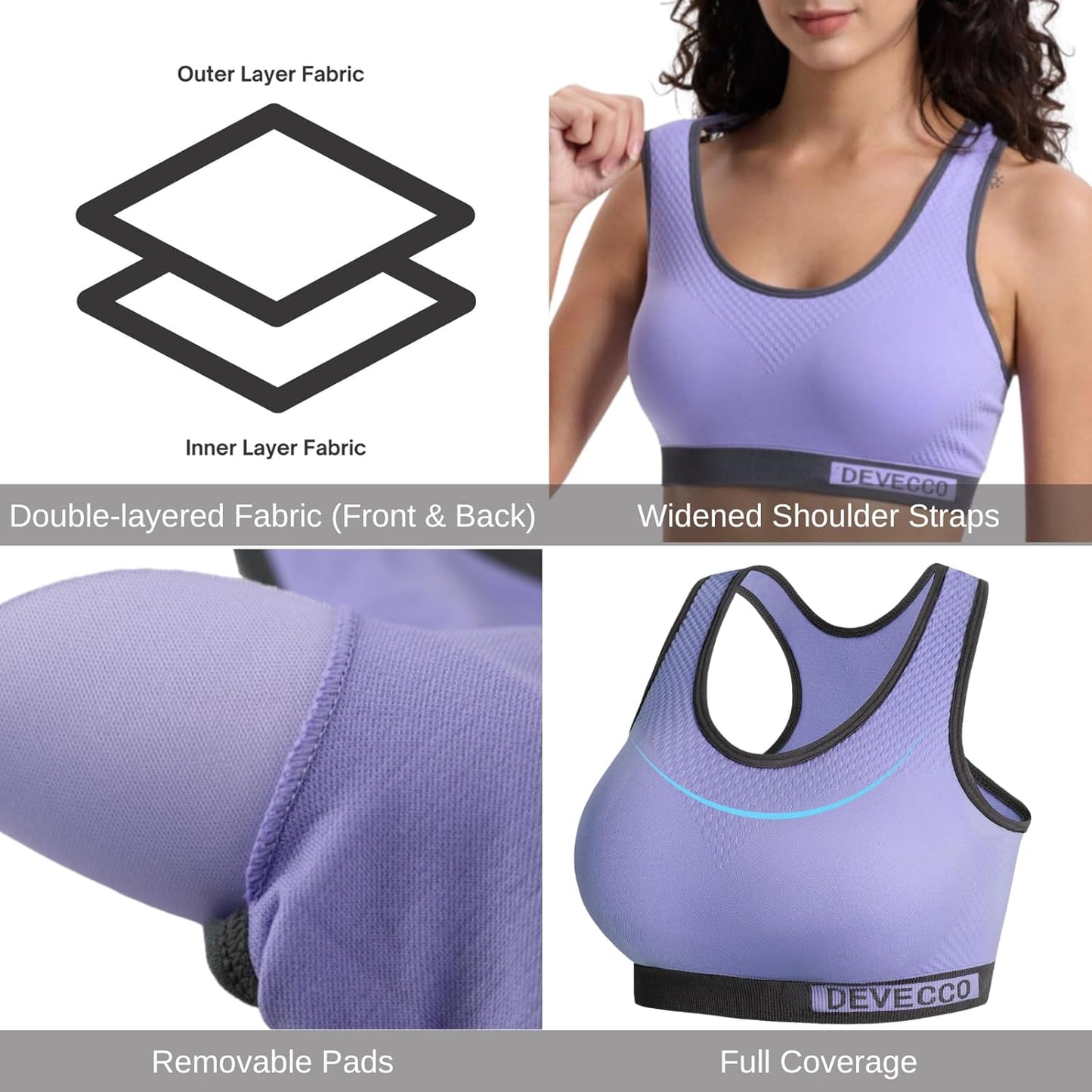 Multipack Medium Support Wireless Padded Racerback Sports Bras for Women with Full Coverage - Ideal for Workouts