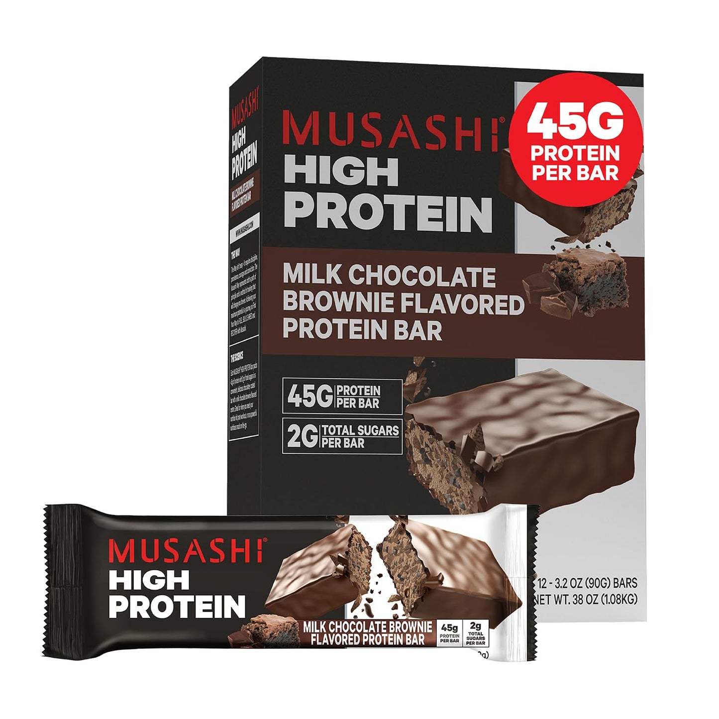 MUSASHI High Protein Bar - Milk Chocolate Brownie Flavor, 45g Protein, 2g Sugars, Post-Workout Snack, 12-Pack 3.2oz Bars
