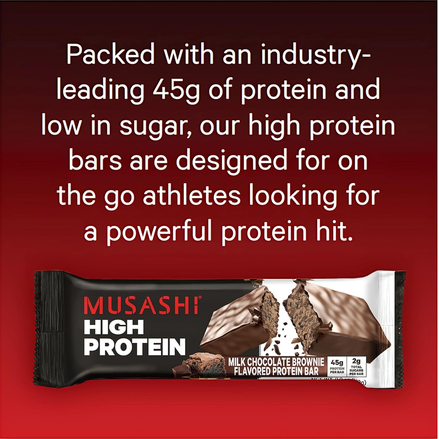 MUSASHI High Protein Bar - Milk Chocolate Brownie Flavor, 45g Protein, 2g Sugars, Post-Workout Snack, 12-Pack 3.2oz Bars