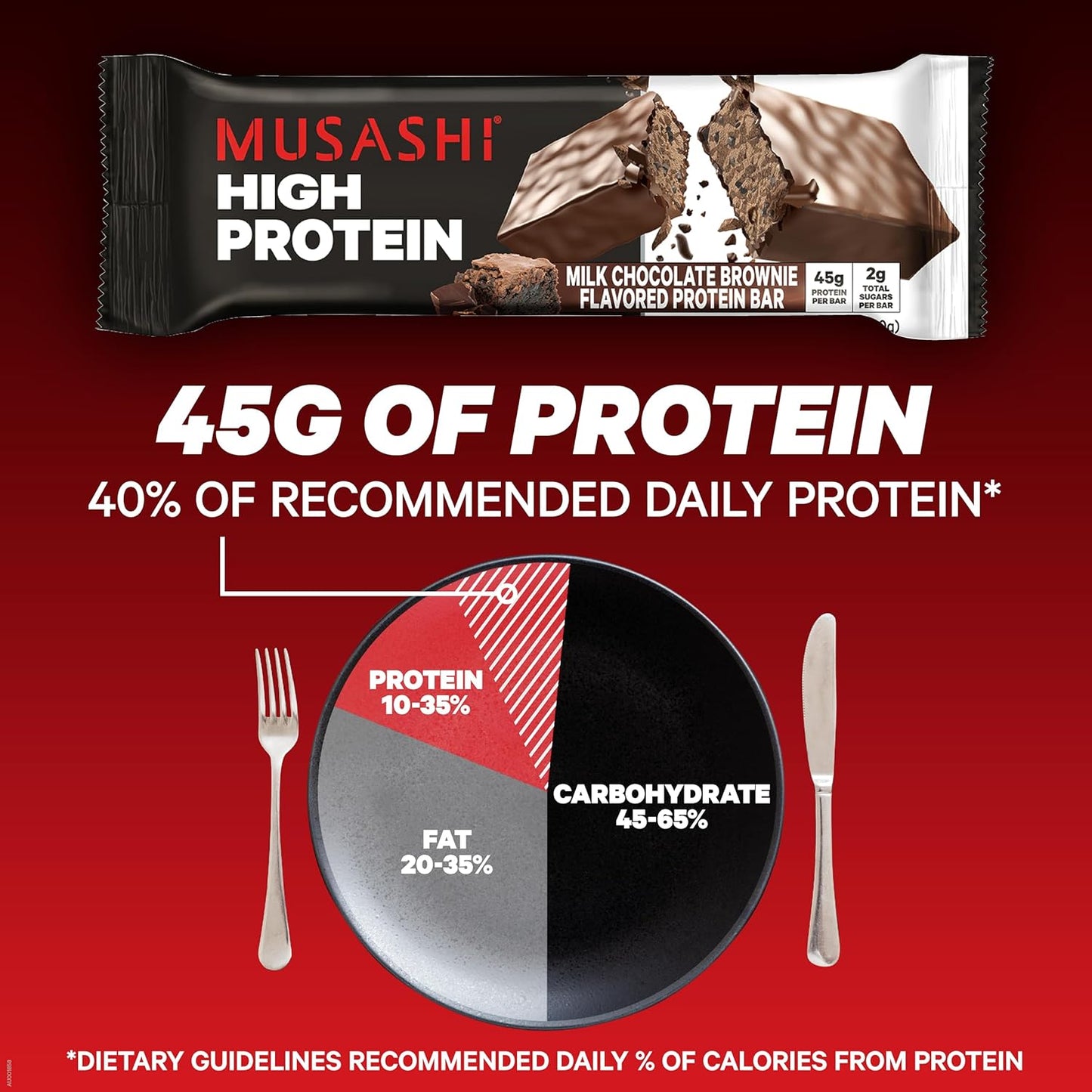 MUSASHI High Protein Bar - Milk Chocolate Brownie Flavor, 45g Protein, 2g Sugars, Post-Workout Snack, 12-Pack 3.2oz Bars