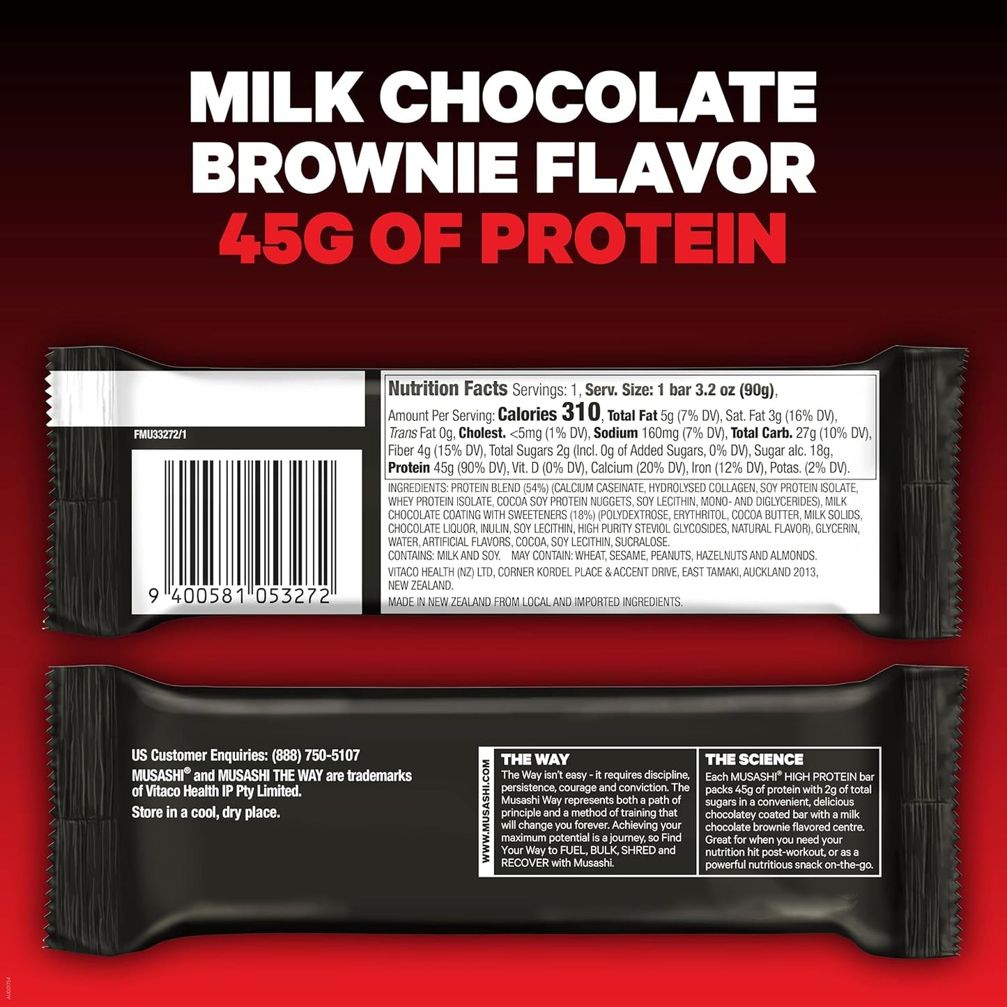 MUSASHI High Protein Bar - Milk Chocolate Brownie Flavor, 45g Protein, 2g Sugars, Post-Workout Snack, 12-Pack 3.2oz Bars