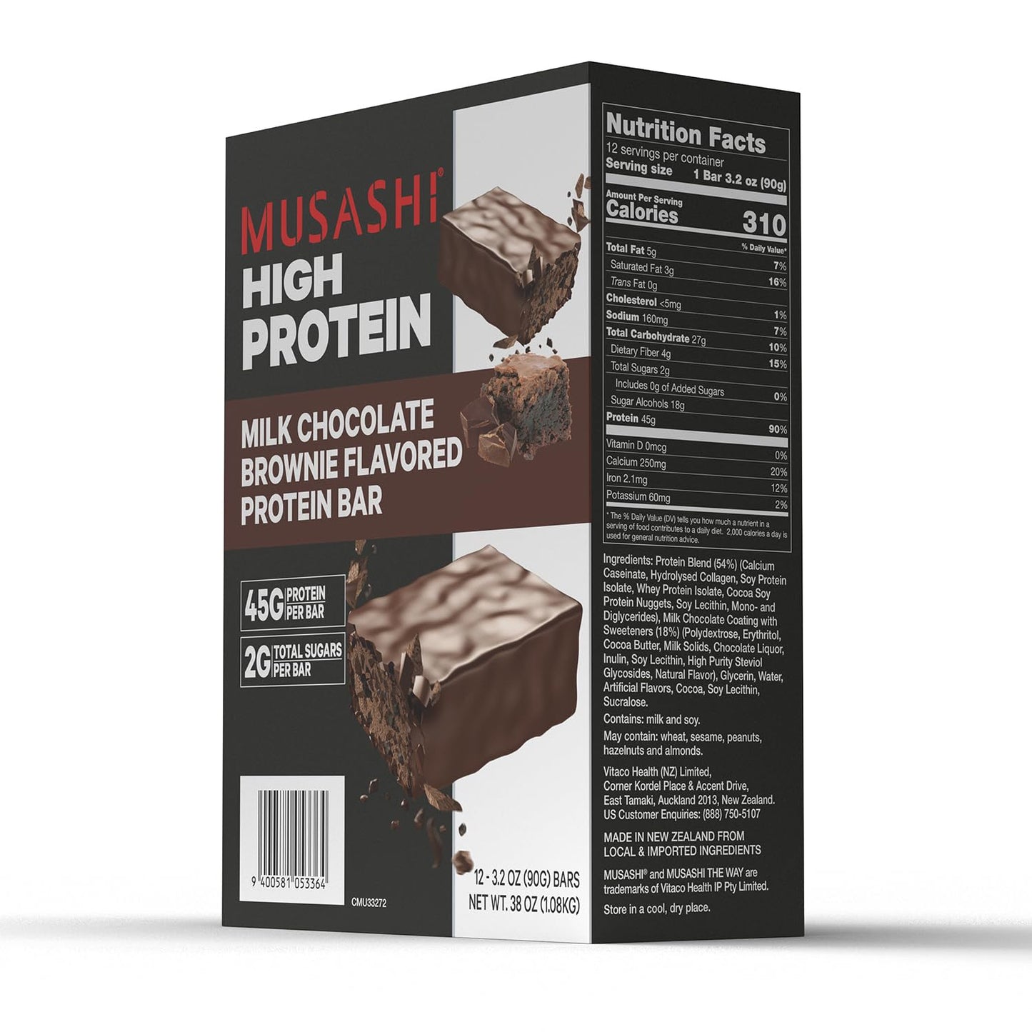 MUSASHI High Protein Bar - Milk Chocolate Brownie Flavor, 45g Protein, 2g Sugars, Post-Workout Snack, 12-Pack 3.2oz Bars