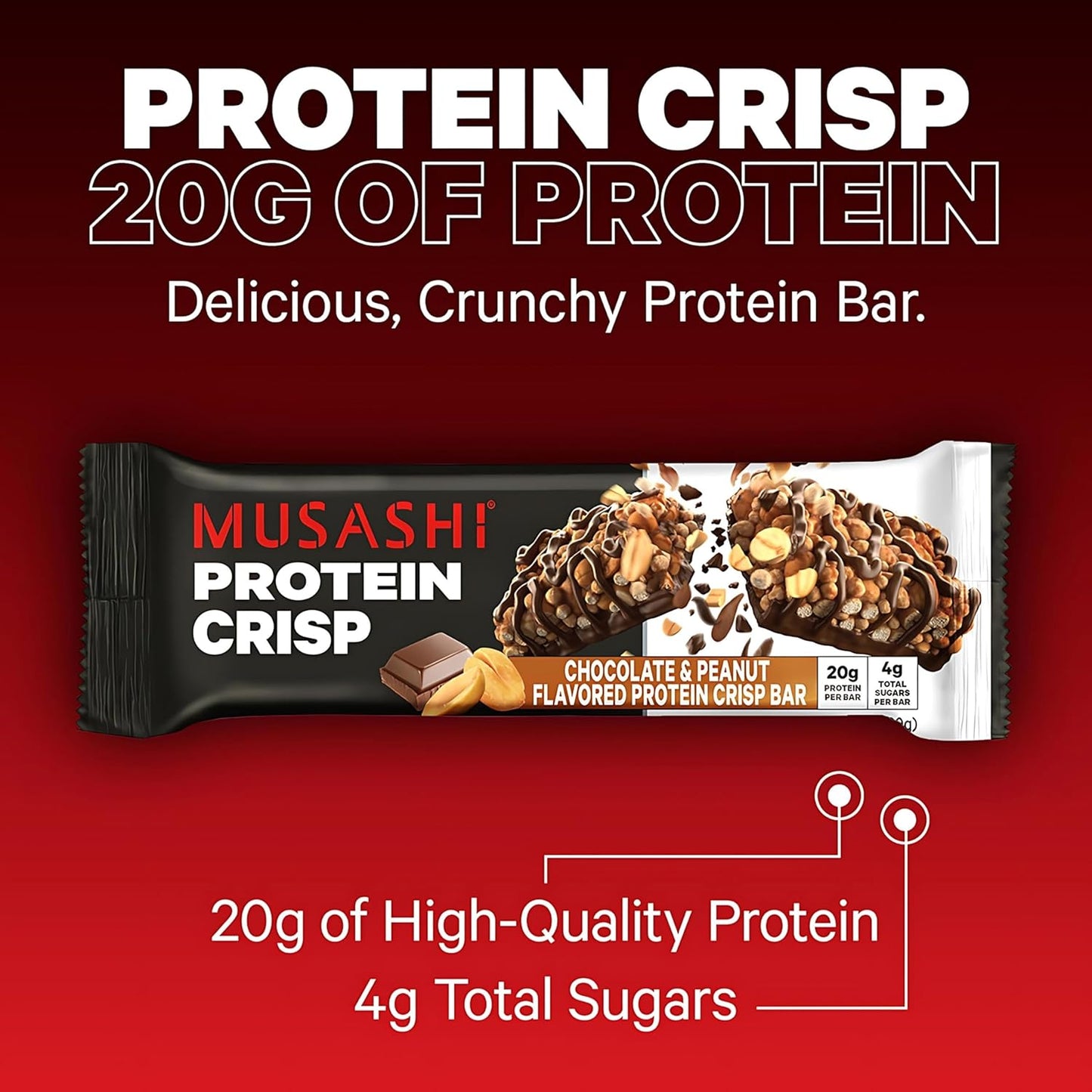 MUSASHI Protein Crisp Bar 12 Pack, Chocolate & Peanut Flavor, 20g Protein, 4g Sugars, Post Workout Snack
