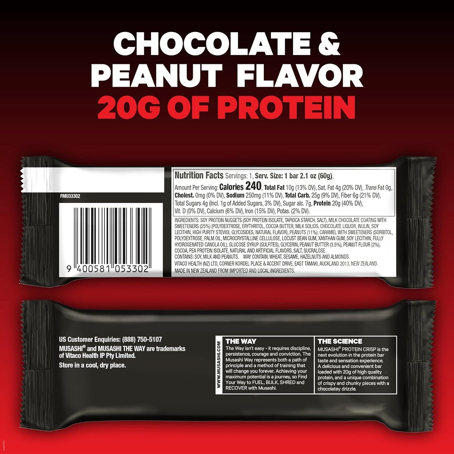 MUSASHI Protein Crisp Bar 12 Pack, Chocolate & Peanut Flavor, 20g Protein, 4g Sugars, Post Workout Snack