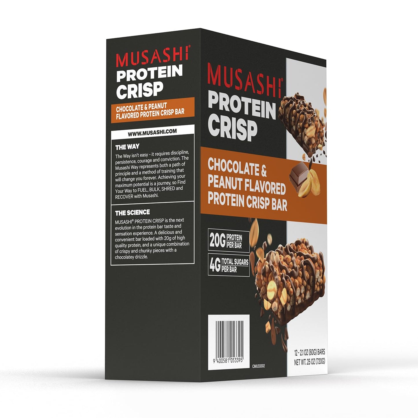 MUSASHI Protein Crisp Bar 12 Pack, Chocolate & Peanut Flavor, 20g Protein, 4g Sugars, Post Workout Snack