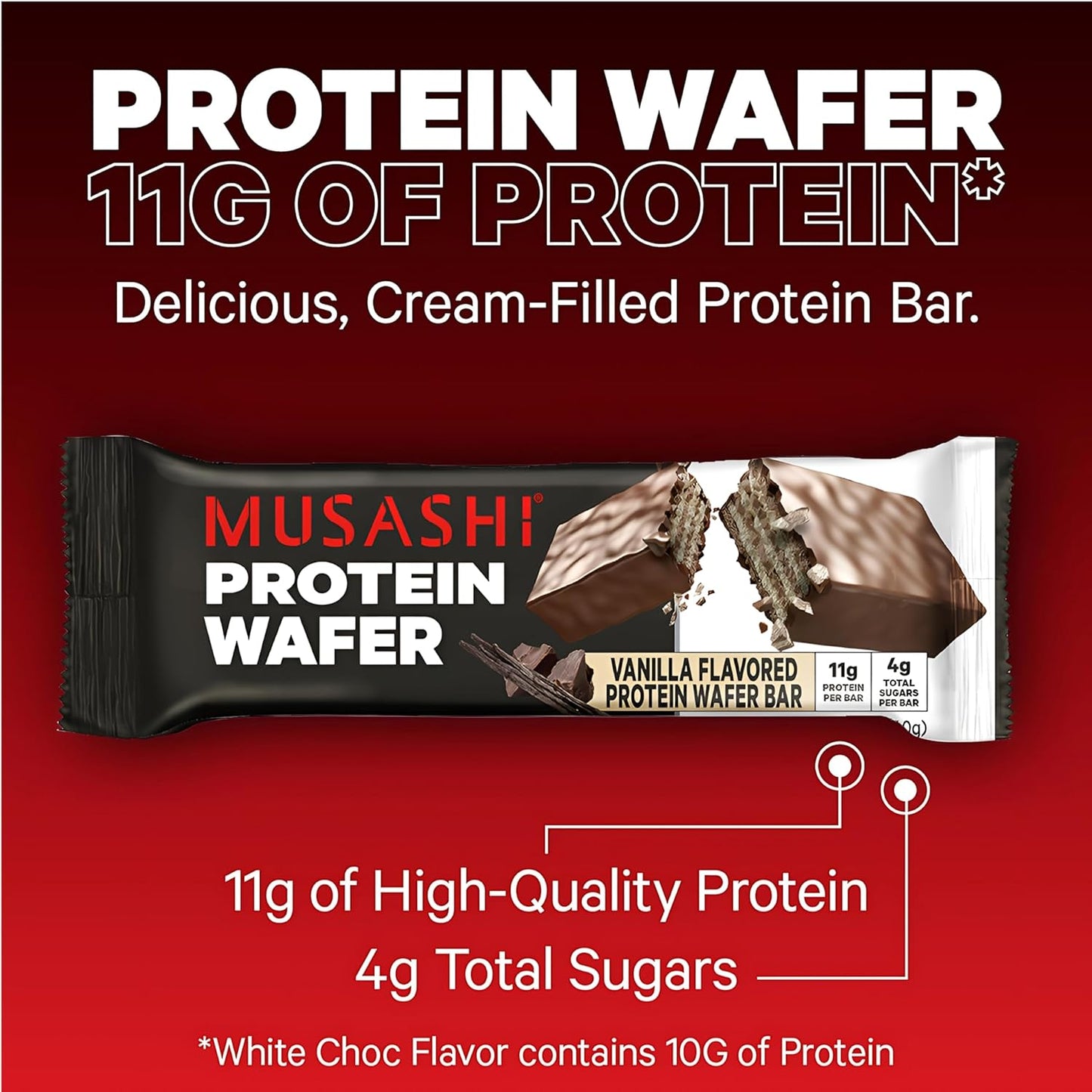 MUSASHI Protein Wafer Bar, Vanilla Flavor, 11g Protein, 4g Sugars, Post Workout Snack, 12 Pack 1.4oz Bars