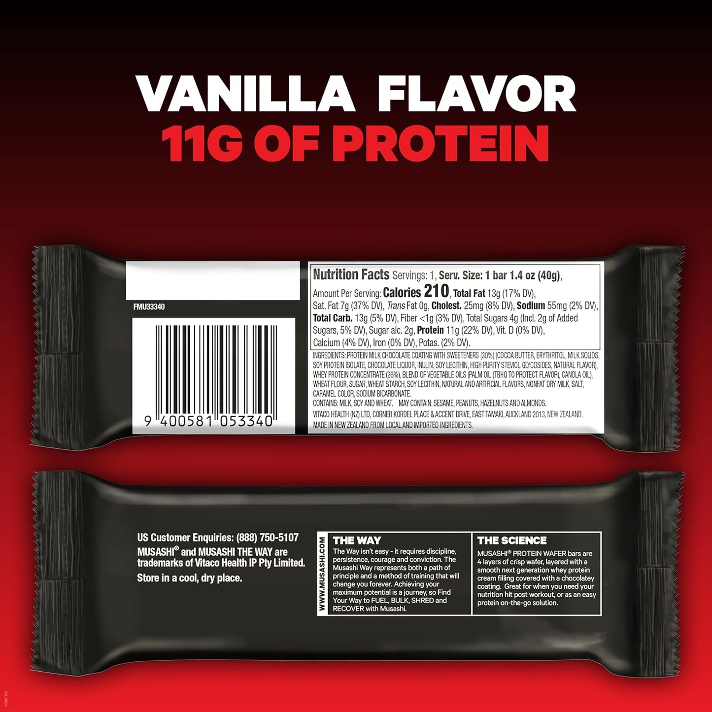 MUSASHI Protein Wafer Bar, Vanilla Flavor, 11g Protein, 4g Sugars, Post Workout Snack, 12 Pack 1.4oz Bars