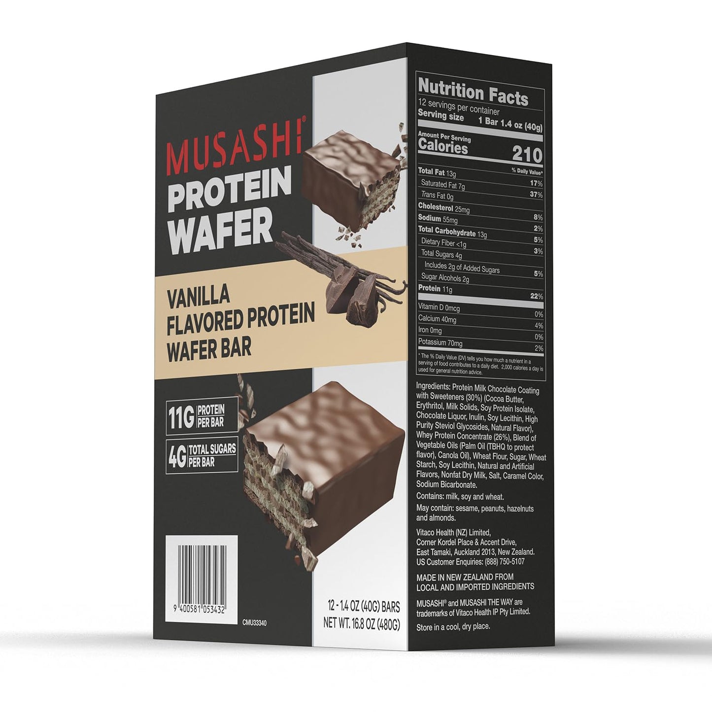 MUSASHI Protein Wafer Bar, Vanilla Flavor, 11g Protein, 4g Sugars, Post Workout Snack, 12 Pack 1.4oz Bars