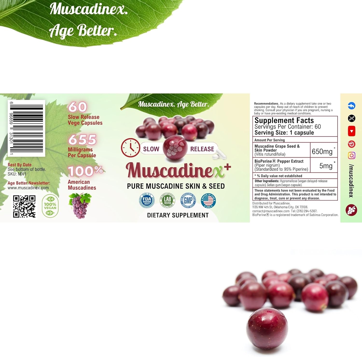 Muscadinex USA Muscadine Quercetin, Ellagic Acid, Resveratrol, Myricetin, Kaempferol Capsules with BioPerine for Enhanced Absorption. Vegan & Non-GMO. Made in USA.